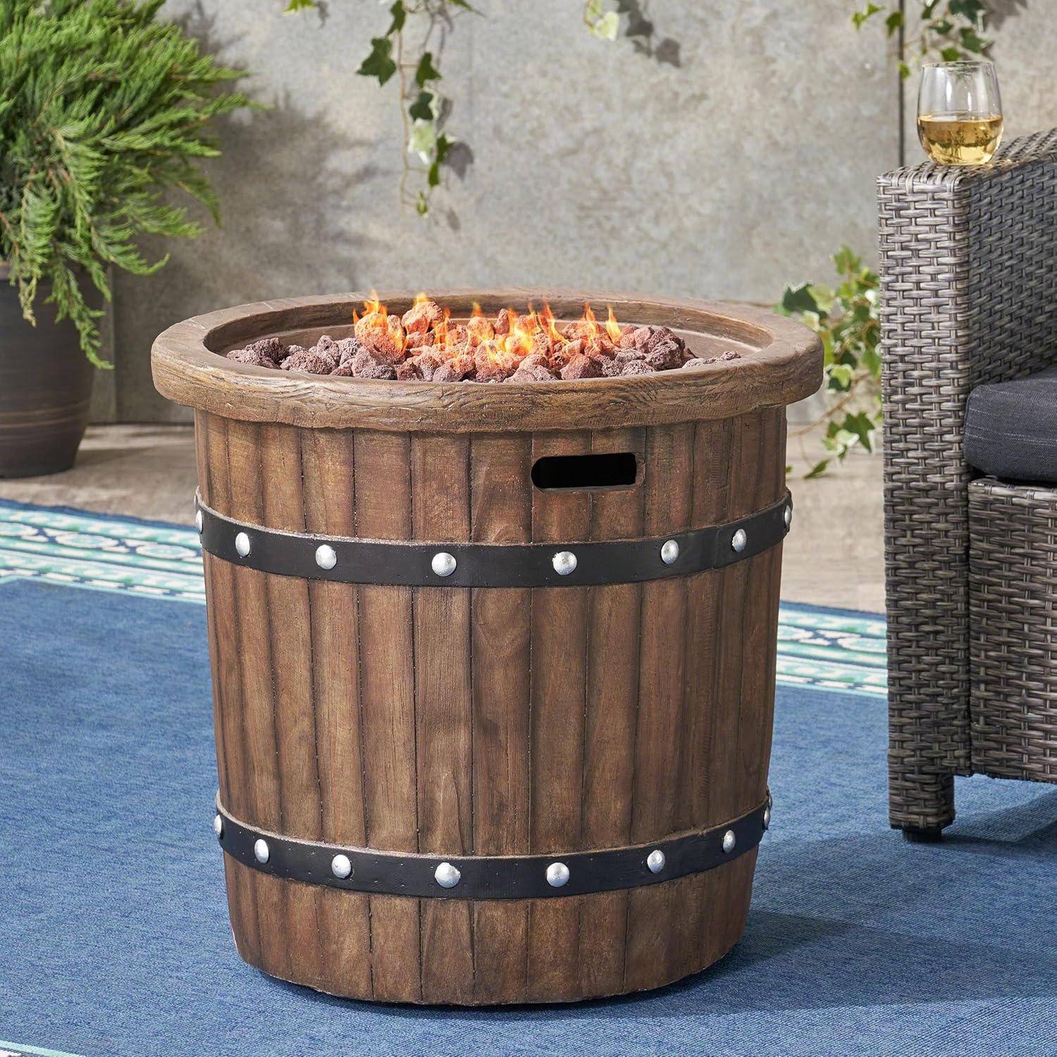 Roomfitters Round Outdoor Fire Pit Table with Barrel-Style Magnesium Oxide Design, Rustic Patio Accent for Cozy Gatherings, Brown
