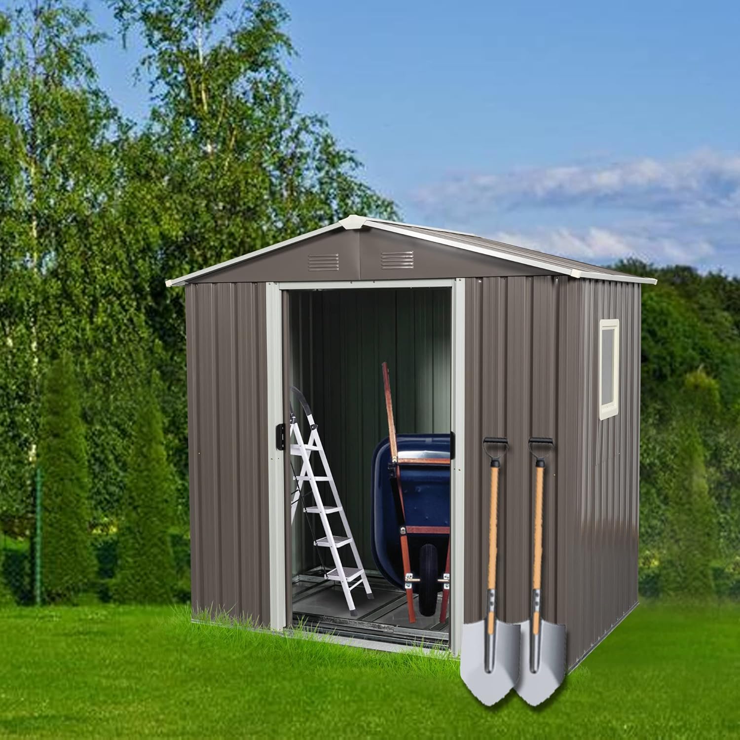 6 x 4 Ft Outdoor Storage Shed, Sturdy Metal Garden Shed with Base Foundation, Waterproof Patio Tools Shed Storage House with Sliding Doors and Window for Backyard Lawn, Gray