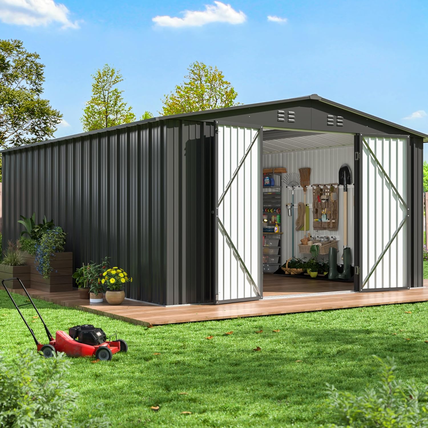 14X12 FT Outdoor Storage Shed, Metal Garden Tool Shed with Updated Frame Structure and Lockable Doors, Ideal for Backyard Garden Patio Lawn