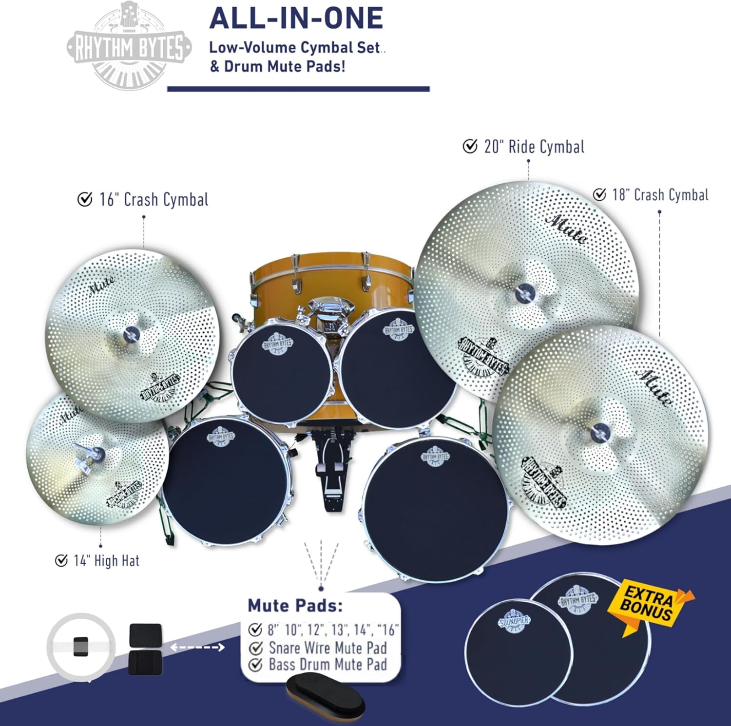 Rhythm Bytes Low Volume Cymbal Pack with Drum Silencer Pads, 13pcs, Cymbals Set - 14