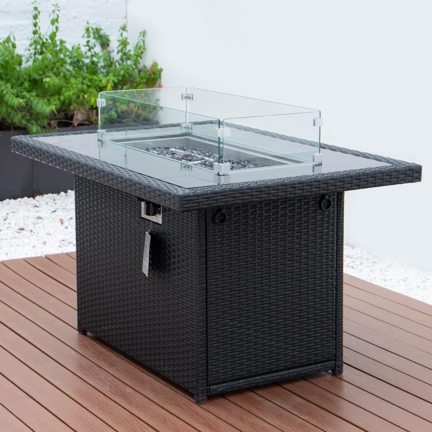 Maykoosh Outdoor Fire Pit Table - Propane Patio Heater with Lid & Crystal Stones - Modern Wicker Design