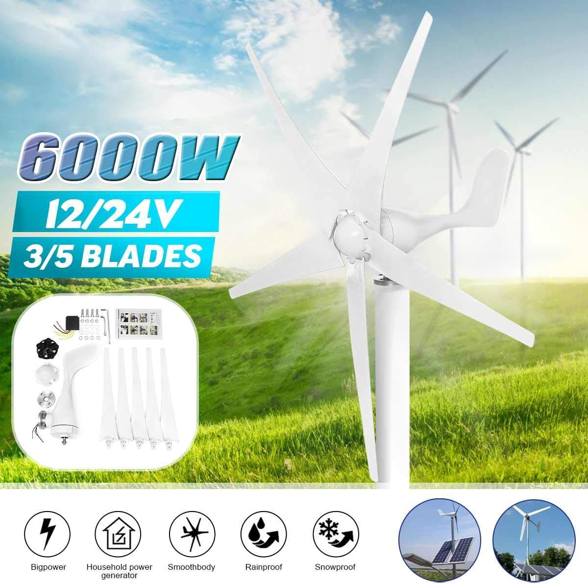 6000W Horizontal Wind Generator 12/24/48V 3/5Blade Wind Turbines Generator Windmill Energy Turbines Charge with Controller,24v,3 Blades