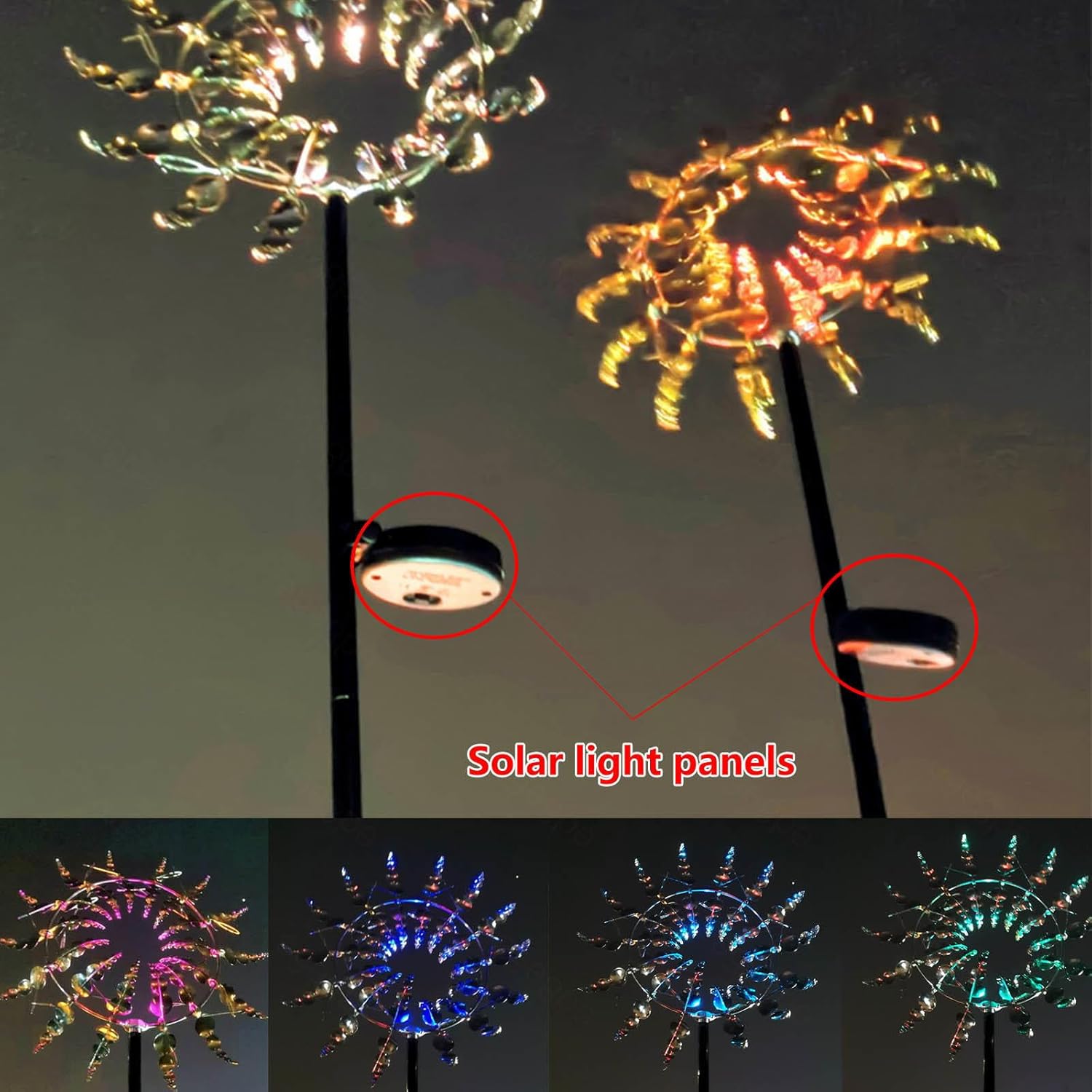 Solar Magical Windmill, Wind Powered Kinetic Sculpture Wind Spinner Dual Direction, 13.4 x 71in Yard Spinners,Gold