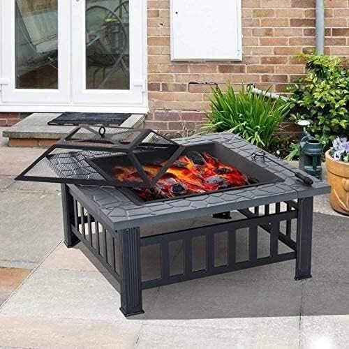 BBQ Grill Outdoor Fire Pits Outdoor Wood Burning Firepit 32in Outdoor Fire Pit Metal Square Firepit Wood Burning Backyard Patio Garden Beaches Camping Picnic Bonfire Stove with Cover BB