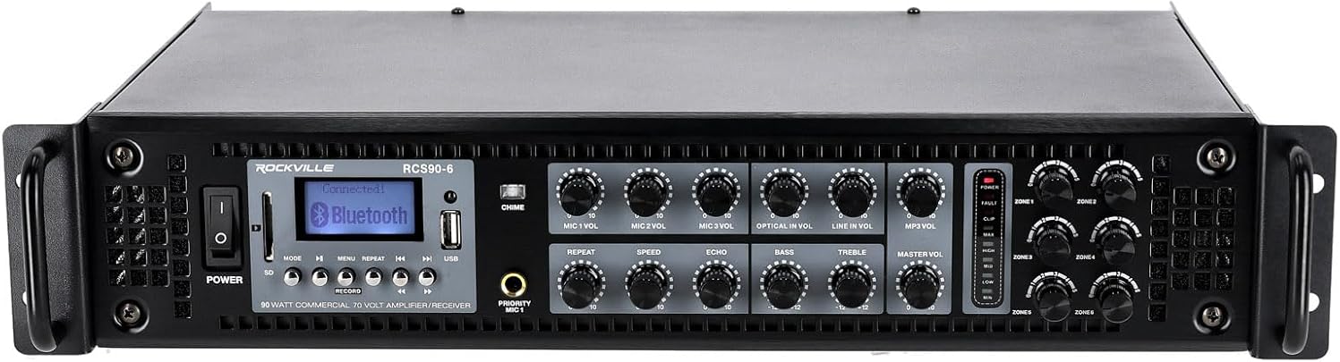 Rockville RCS90-6 90 Watt 6 Zone 70V/100V Commercial Amplifier Receiver, Bluetooth, 3 Mic Inputs, USB/SD, Rack Mount, for Restaurants, Bars, Cafes, Schools, Lounges, and Offices.