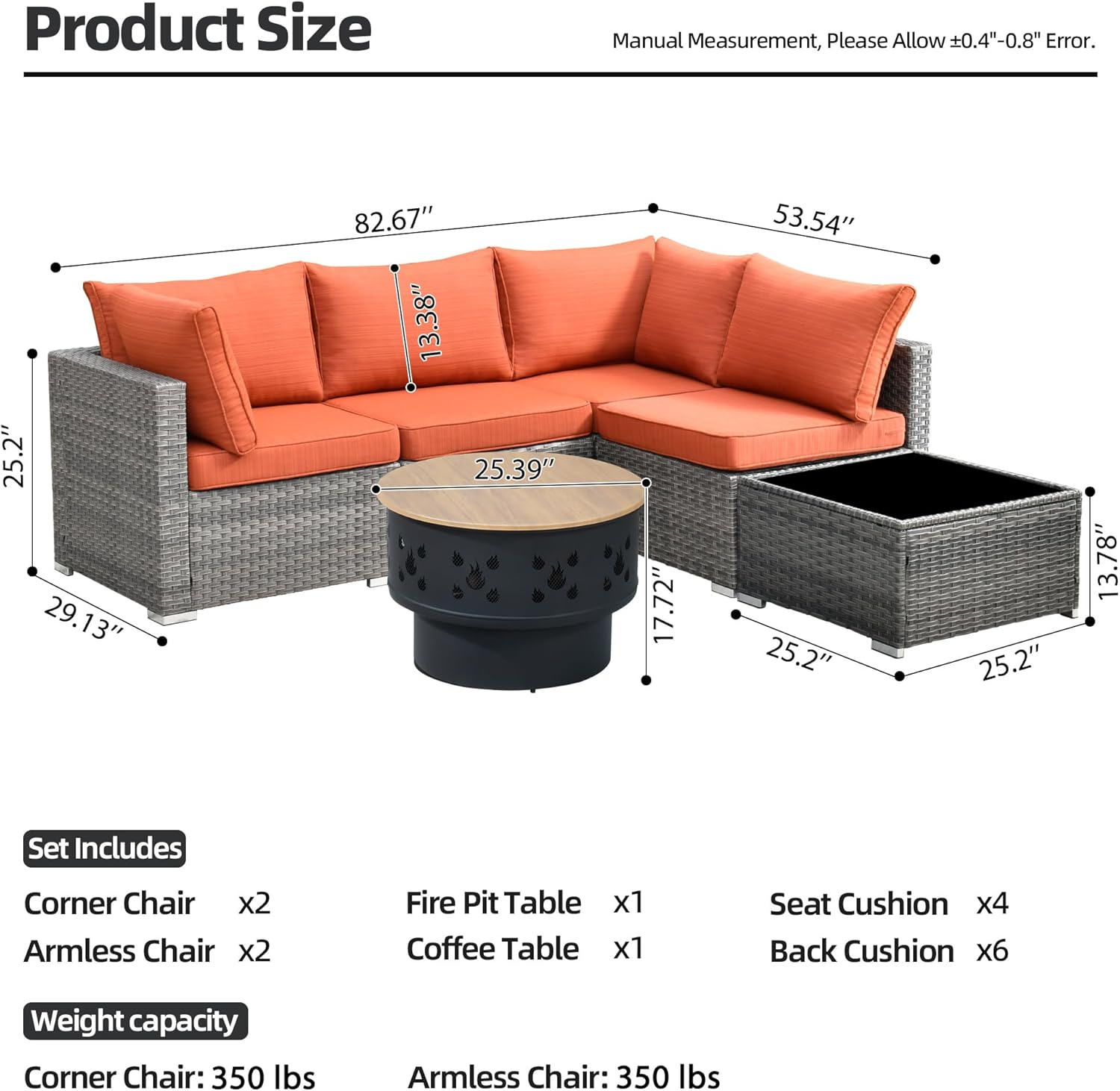 HOOOWOOO 6-Piece Patio Furniture Set with Cushions and Glass-Top Coffee Table, All-Weather Rattan Outdoor Wicker Sectional Sofa with Fire Pit, Modern L-Shaped Sofa for Garden or Deck (Orange Red)