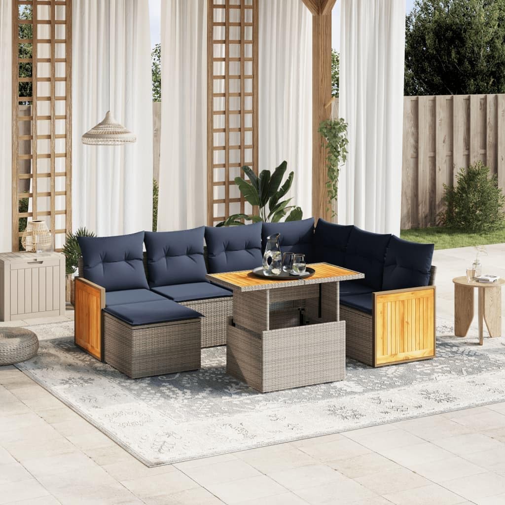 8 Piece Patio Sofa Set, Gray Poly Rattan Outdoor Sectional Furniture with Navy Cushions, Modular Design for Garden, Backyard, Terrace