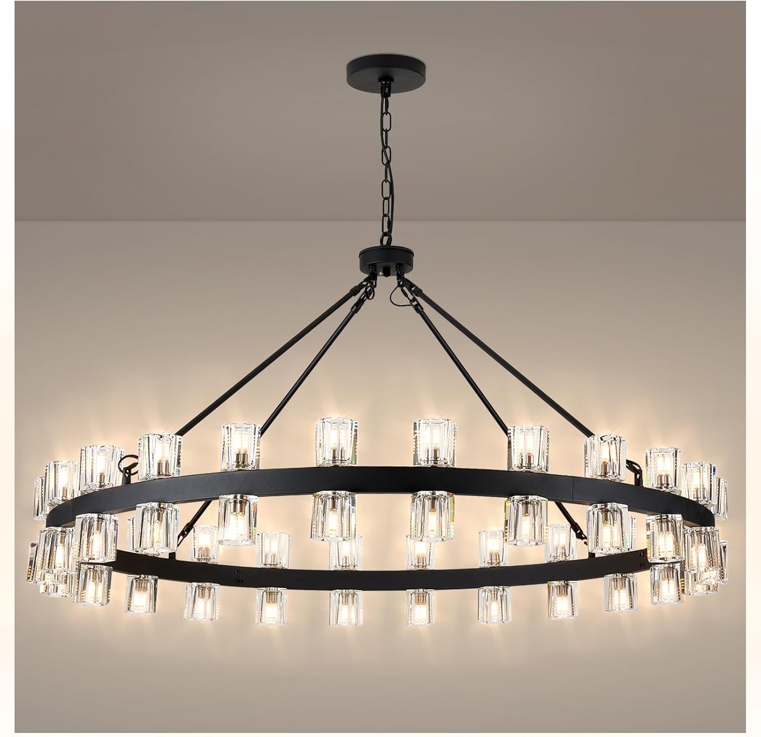 48 Inch Black Wagon Wheel Chandelier with Crystal Shade, 48 Lights, Modern Farmhouse Style, Ideal for Dining Room, Kitchen, Entryways