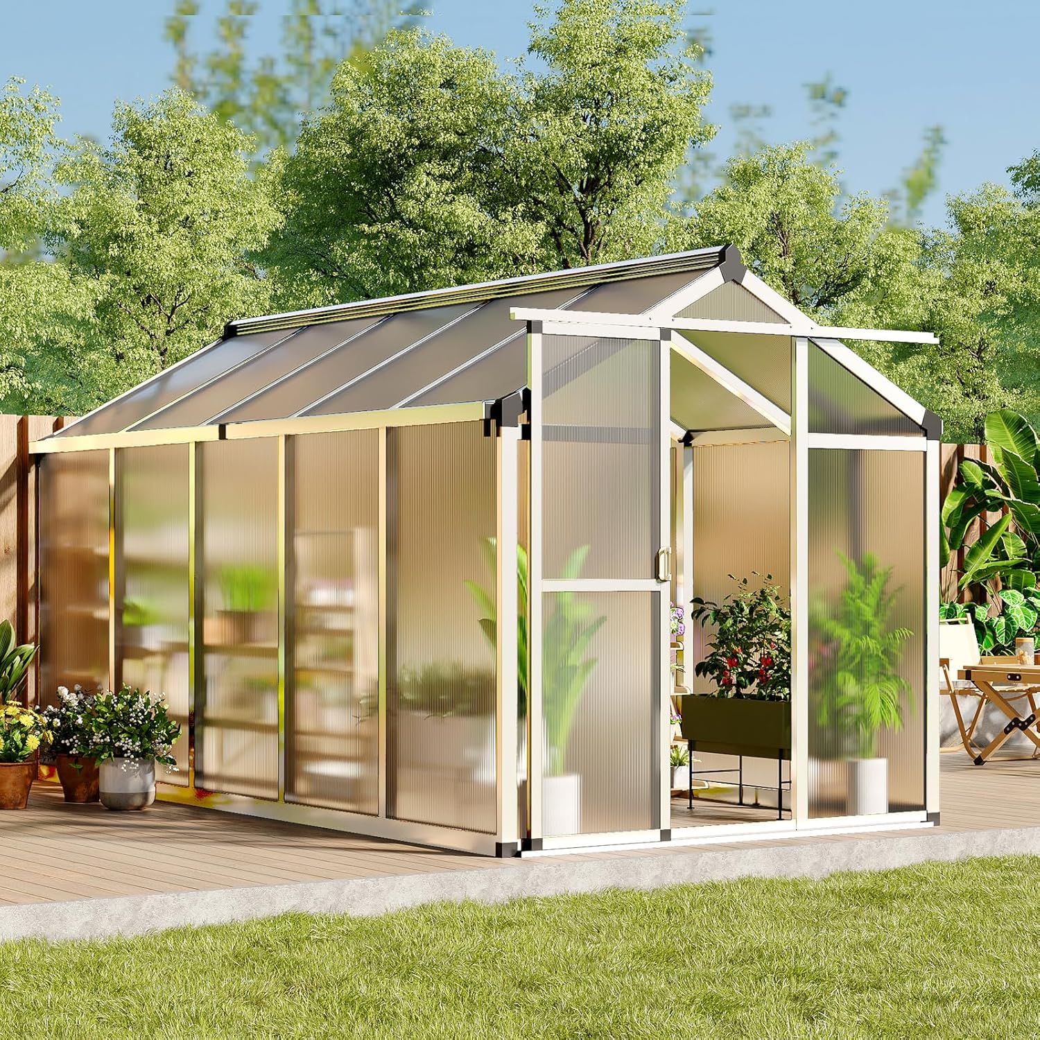 8x12 FT Greenhouse, Greenhouses for Outside, Polycarbonate Greenhouse with Aluminum Frame, Lockable Door and Ajustable Roof Vent for Backyard, Green Houses for Outside Garden Backyard, Patio