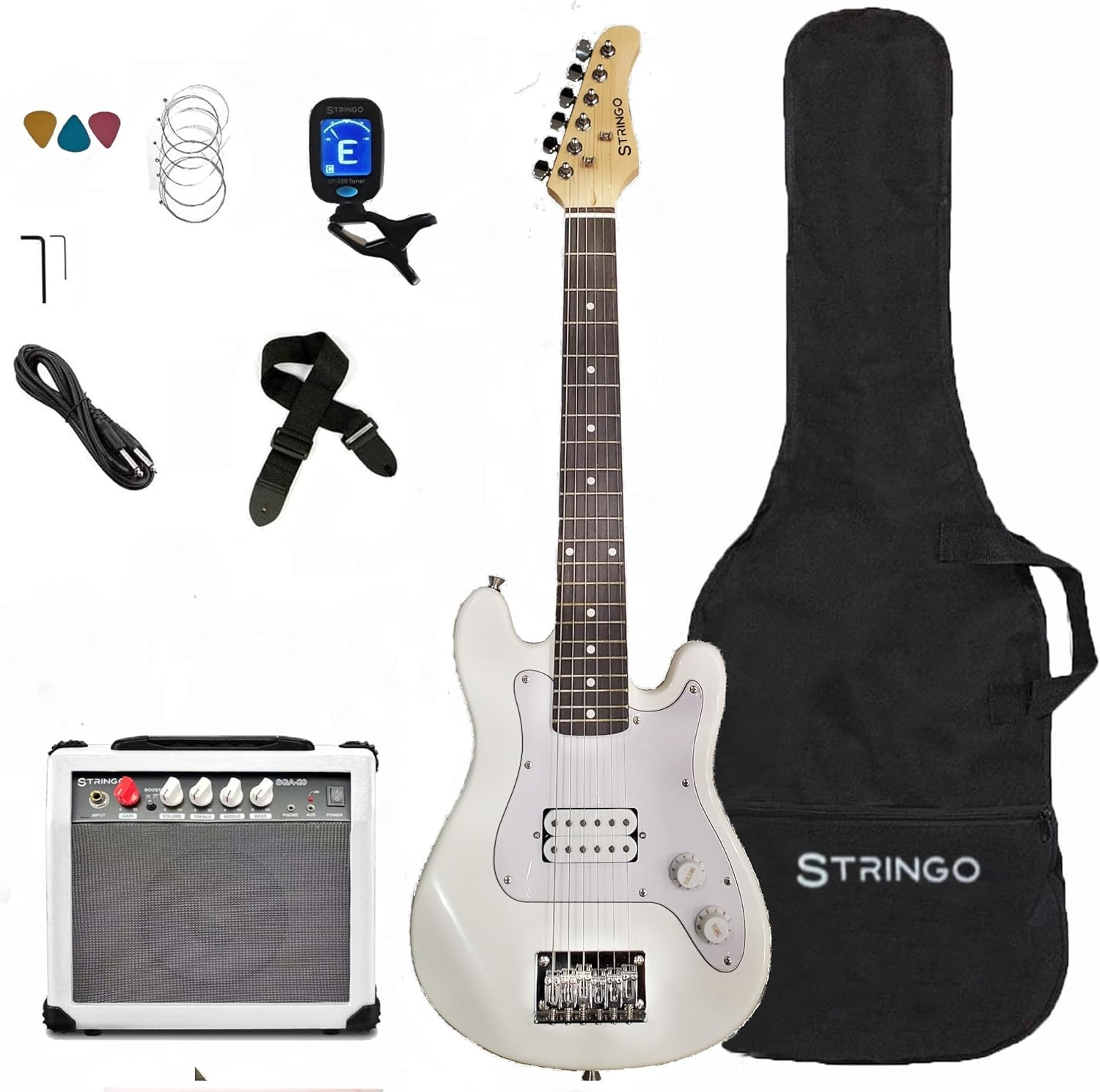 White 30 Inch Kids Electric Guitar Beginner Kit Set Includes, 20W Amplifier 3 Picks, Shoulder Strap, Tuner, Bag Case