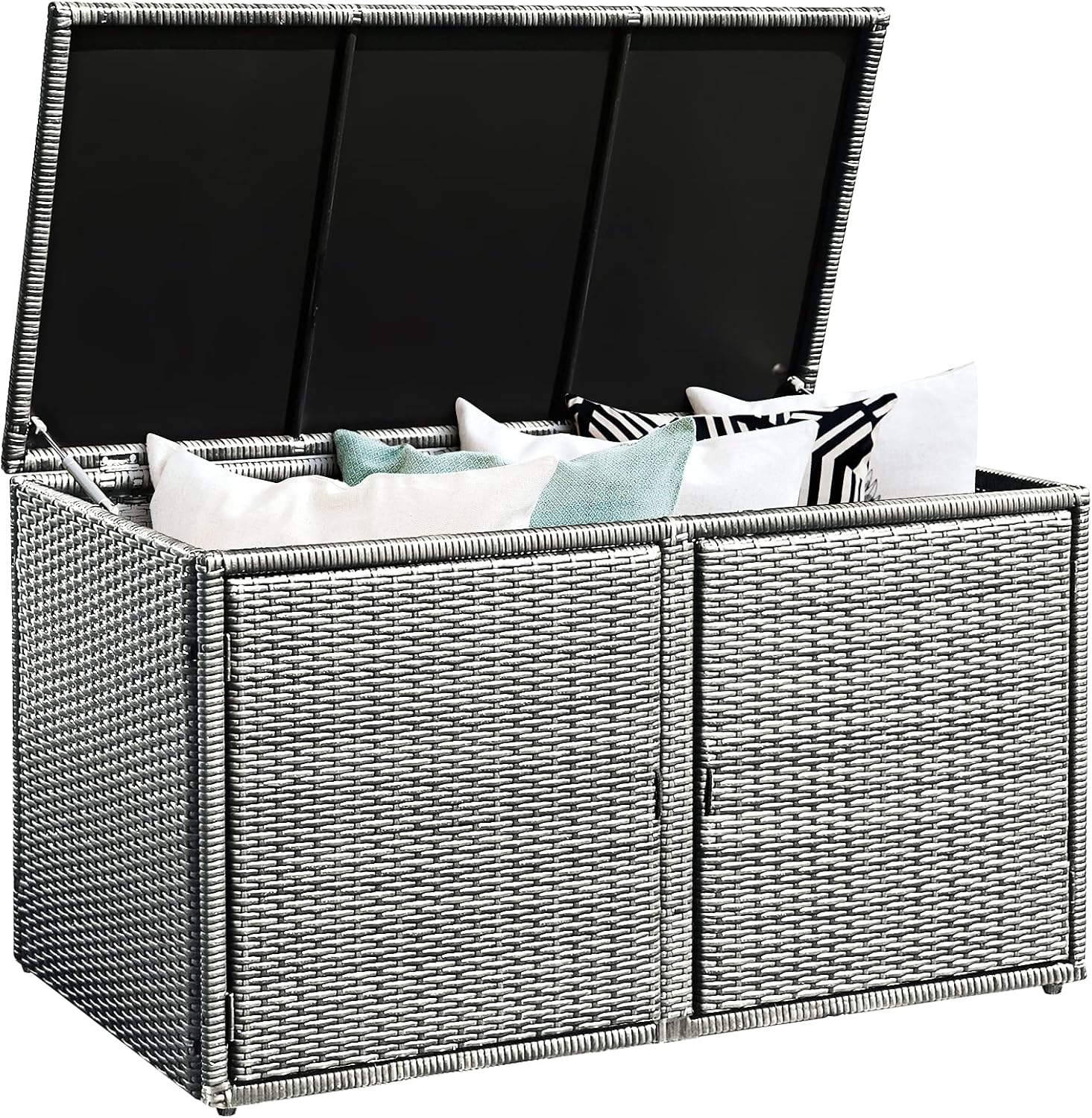 DORTALA Storage Box Patio Wicker Storage Bin Deck Box Cabinet w/Steel Frame, Deck Storage Container w/88 Gallon Capacity and Shelf for Furniture Tools in Garden Balcony Porch Yard, Gray