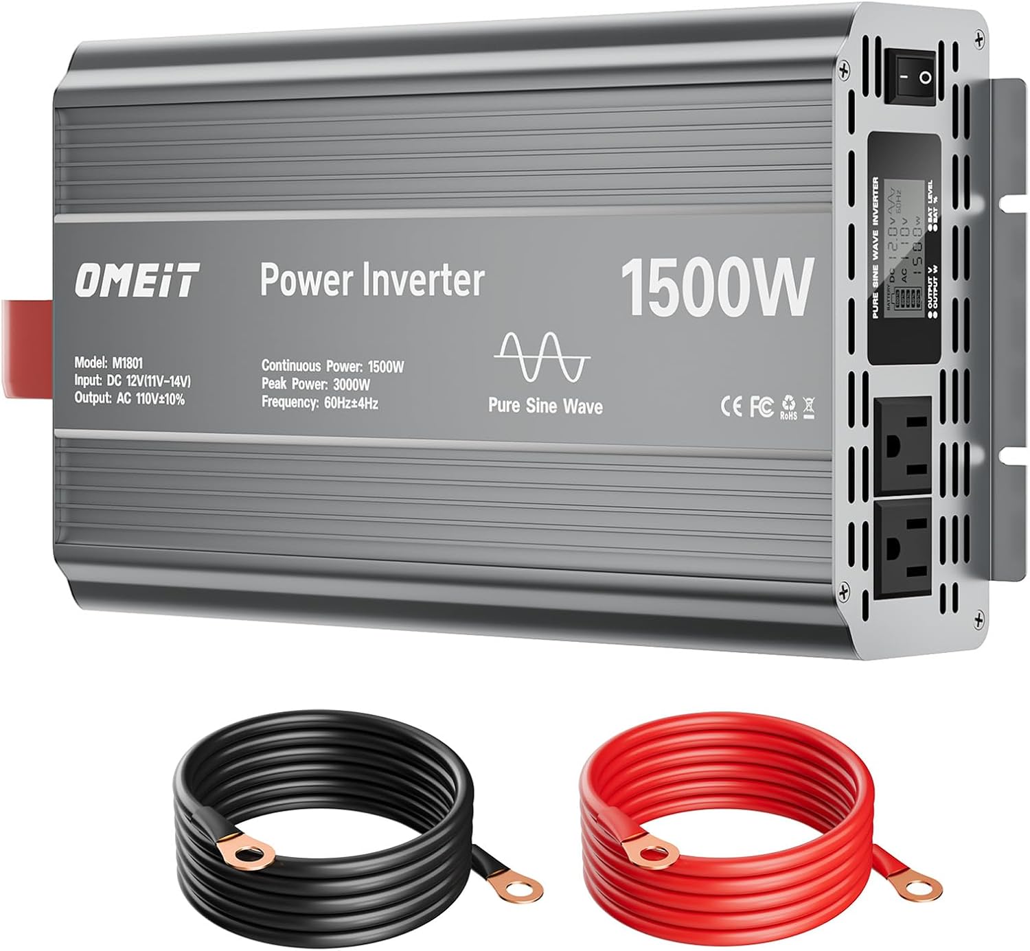 1500W Pure Sine Wave Power Inverter, 12V DC to 110V/120V AC for Car, RV, Truck, Home, Off-Grid, Camping with 2 AC Outlets, LCD Display and 3000W Surge