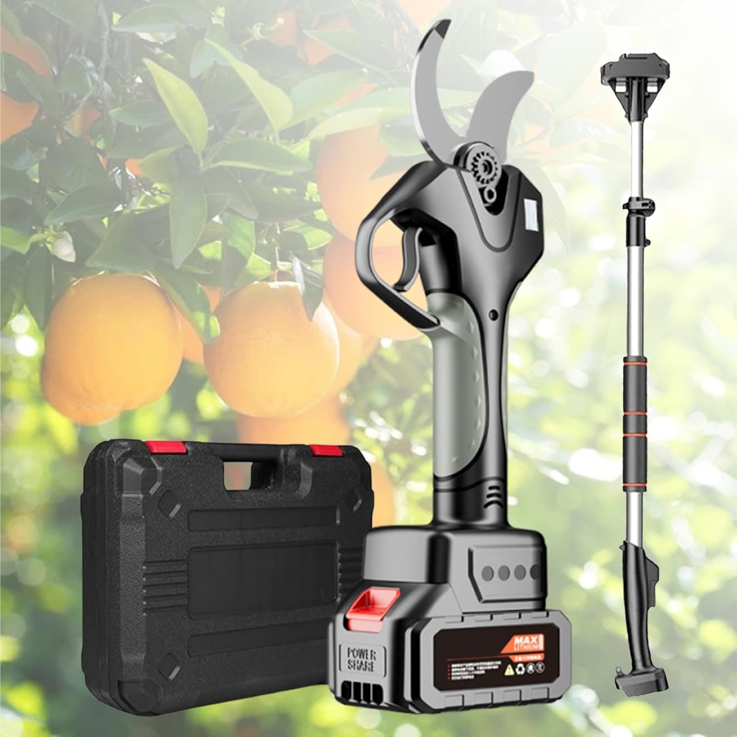 Cordless Electric Pruning Shears - 21V SK5 Steel Blade, 2.1m Extendable Pole, Dual 4500mAh Batteries, LCD Display for Orchard & Vineyard Gardening Tools