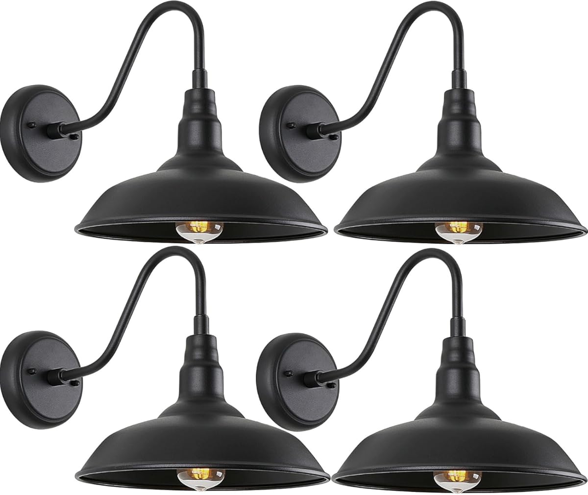 10in Black Gooseneck Barn Lights 4 Pack Farmhouse Barn Wall Mount Light Fixture Exterior Waterproof Industrial Porch Wall Sconce for Garage, Patio, Doorway, LM2201-4P
