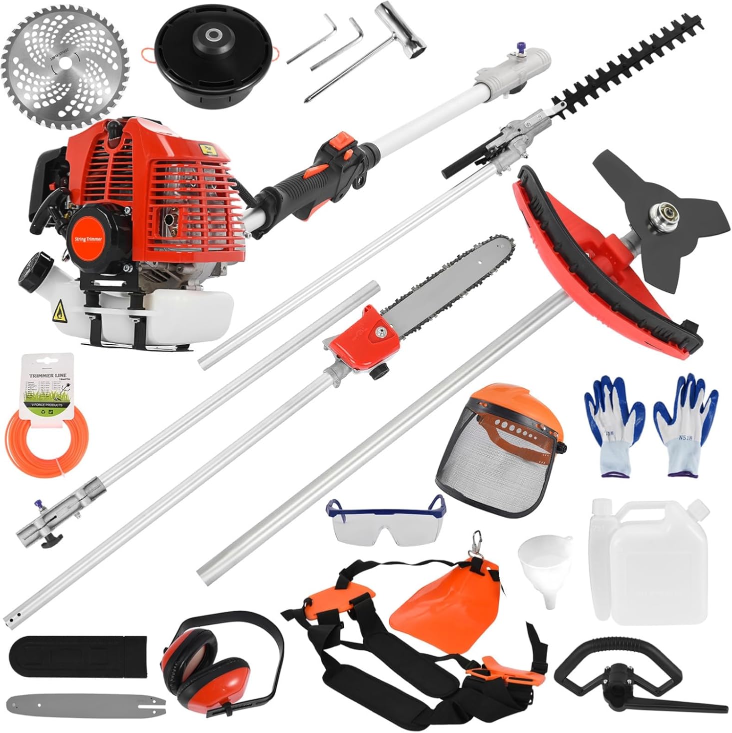 52cc Weed Wacker Gas Powered, String Trimmer/Edger, Pole Saw, Hedge Trimmer and Brush Cutter Blade, Extension Pole, 5-in-1 Multi Yard Care Tools, Rubber Handle & Shoulder Strap Included Red