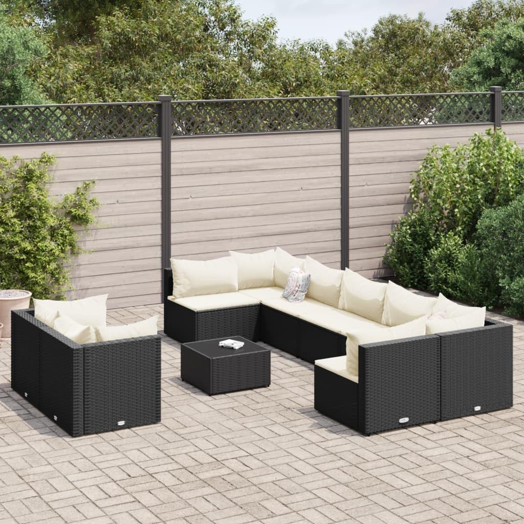9-Piece Patio Sofa Set, Black PE Rattan Outdoor Furniture with Cream Cushions, Modular Garden Seating for Balcony & Terrace, Weather-Resistant