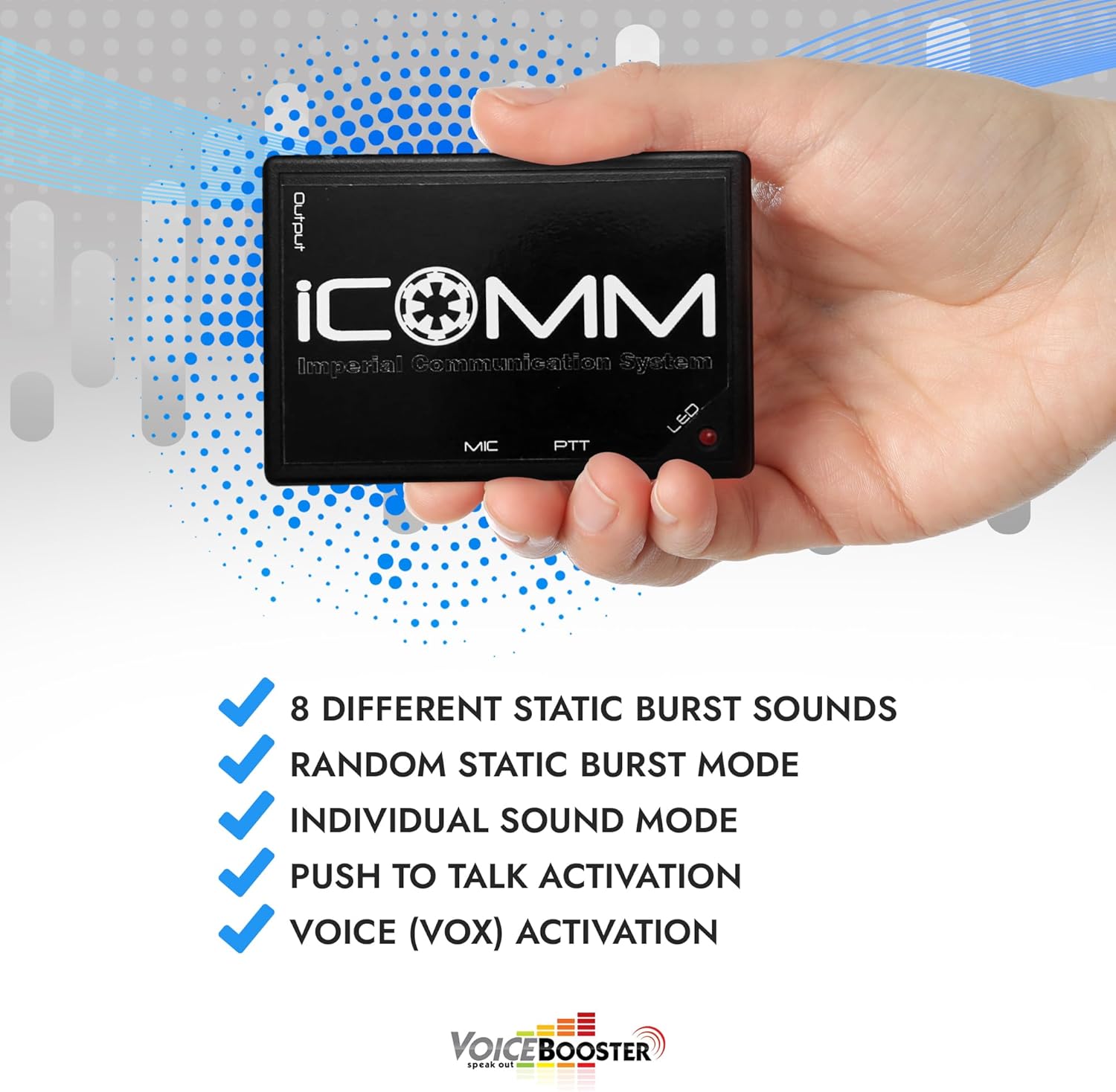 Voicebooster Speak Out Icomm - Imperial Communication System - Plug and Play System with 8 Random Static Burst Effects -Voice Activated or Push-to-Talk – Compatible with VoiceBooster MR1506 Amplifier