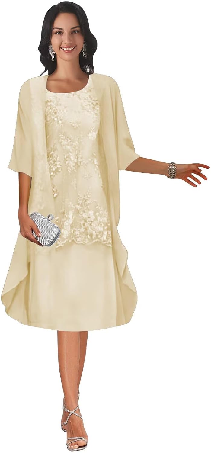 POMUYOO 2 Piece Short Mother of The Bride Dresses for Wedding Tea Length Lace Formal Evening Dress with Jacket
