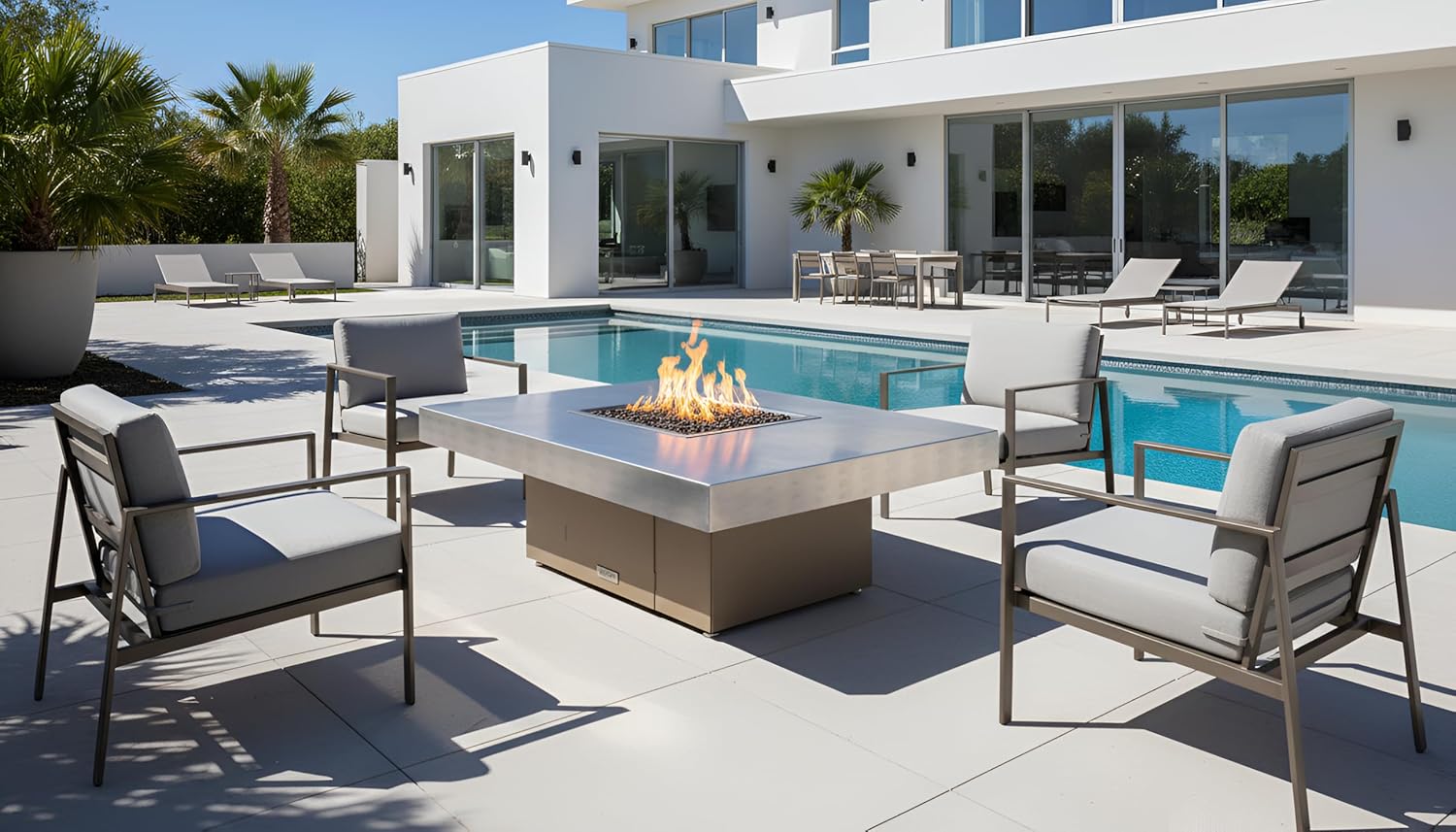COOKE Santa Barbara Rectangular Fire Pit Table - 48 x 36 - Natural Gas - Brushed Aluminum Top -Beige Powdercoat Base