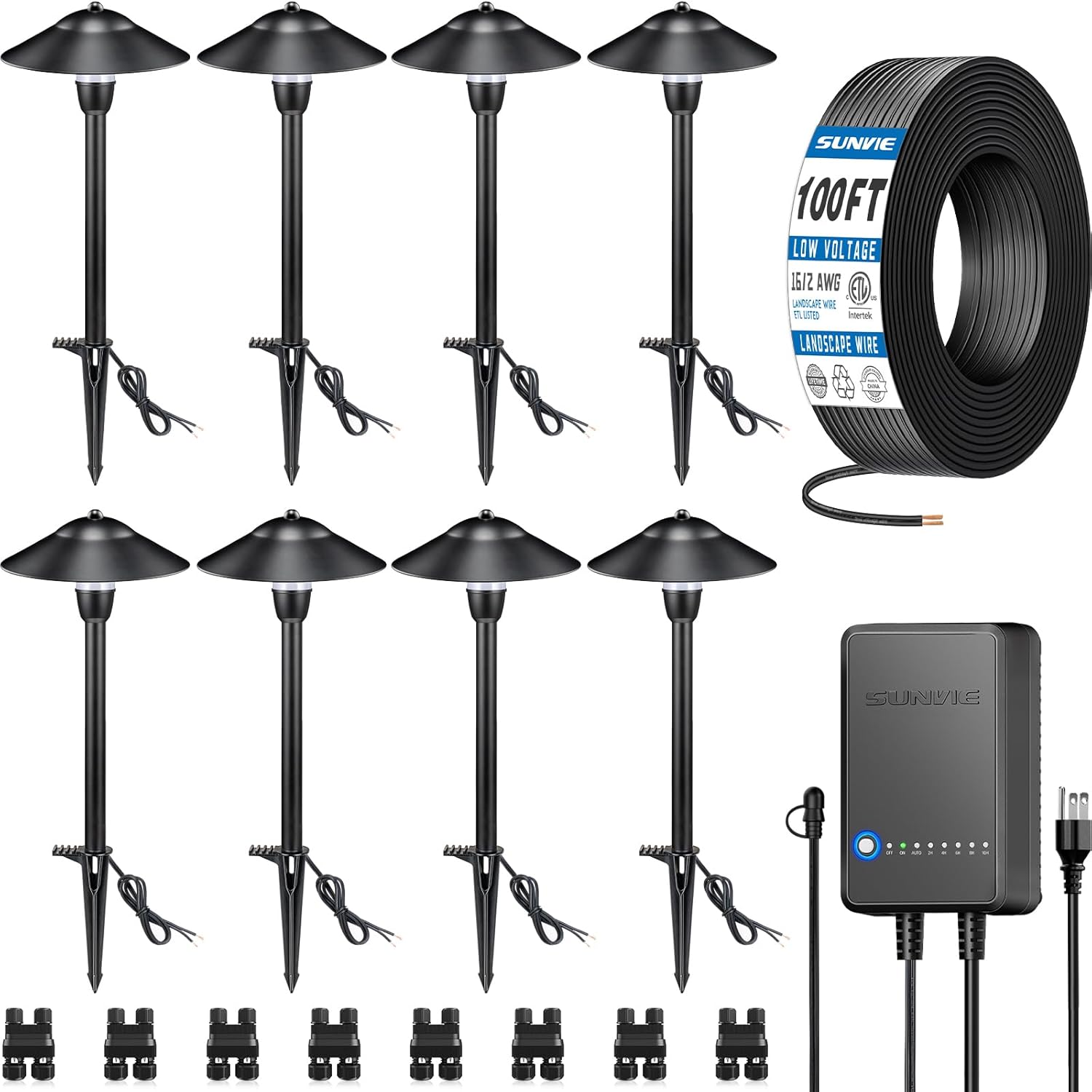 SUNVIE All-in-One LED Pathway Lighting Kit, 8-Pack Low Voltage Landscape Lights with Transformer and 100FT 16/2 AWG Wire, 3000K Waterproof Landscape Lighting with Connectors for Walkway Garden Yard