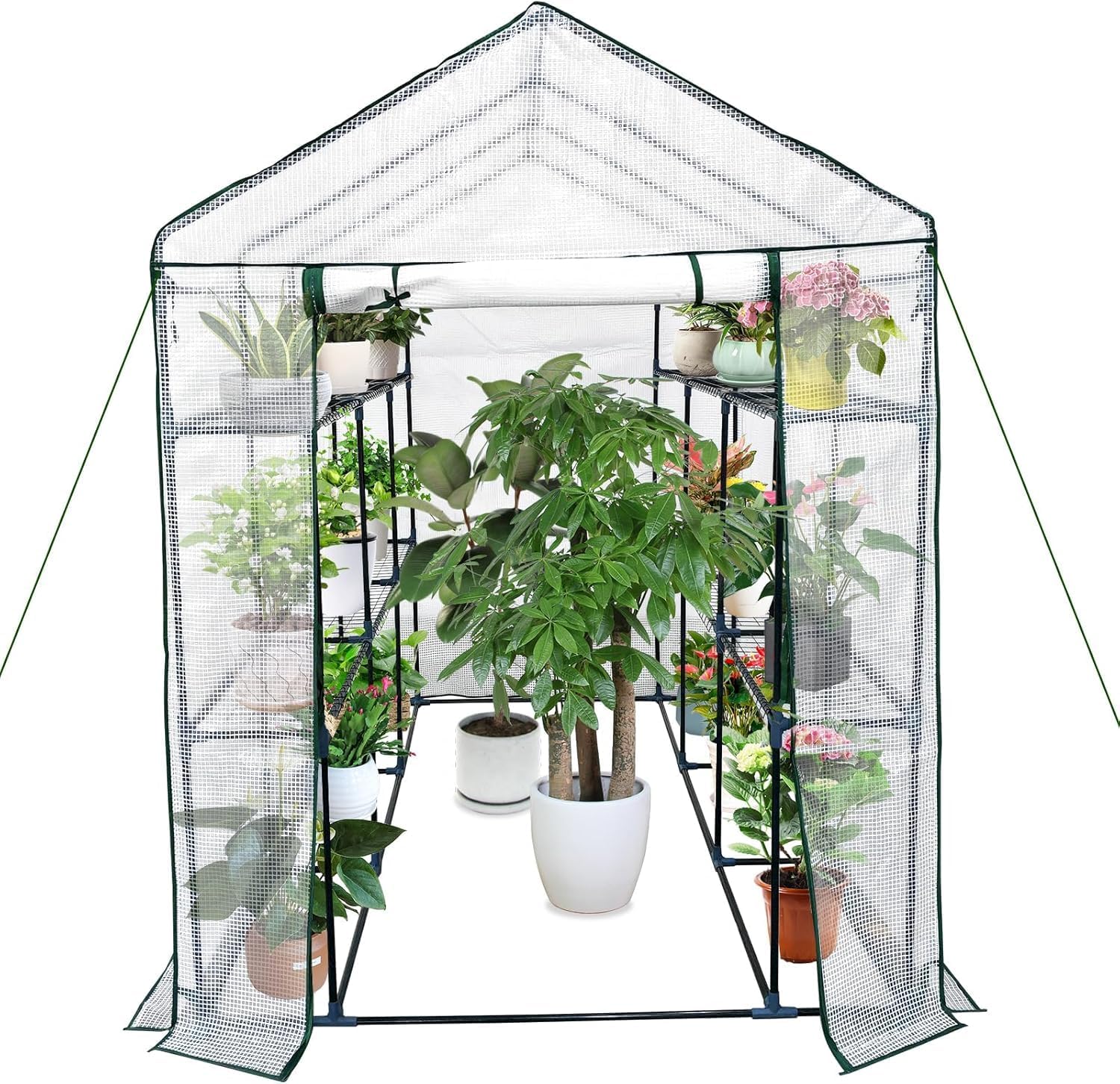 3-Tier Walk-In Greenhouse, 57 x 85 x 76'' – Greenhouses for Outdoors with 9 Sturdy Shelves, Roll-Up Zippered Door, Waterproof and UV Resistant PE Cover, Easy Assembly Garden Hot House for Backyard and