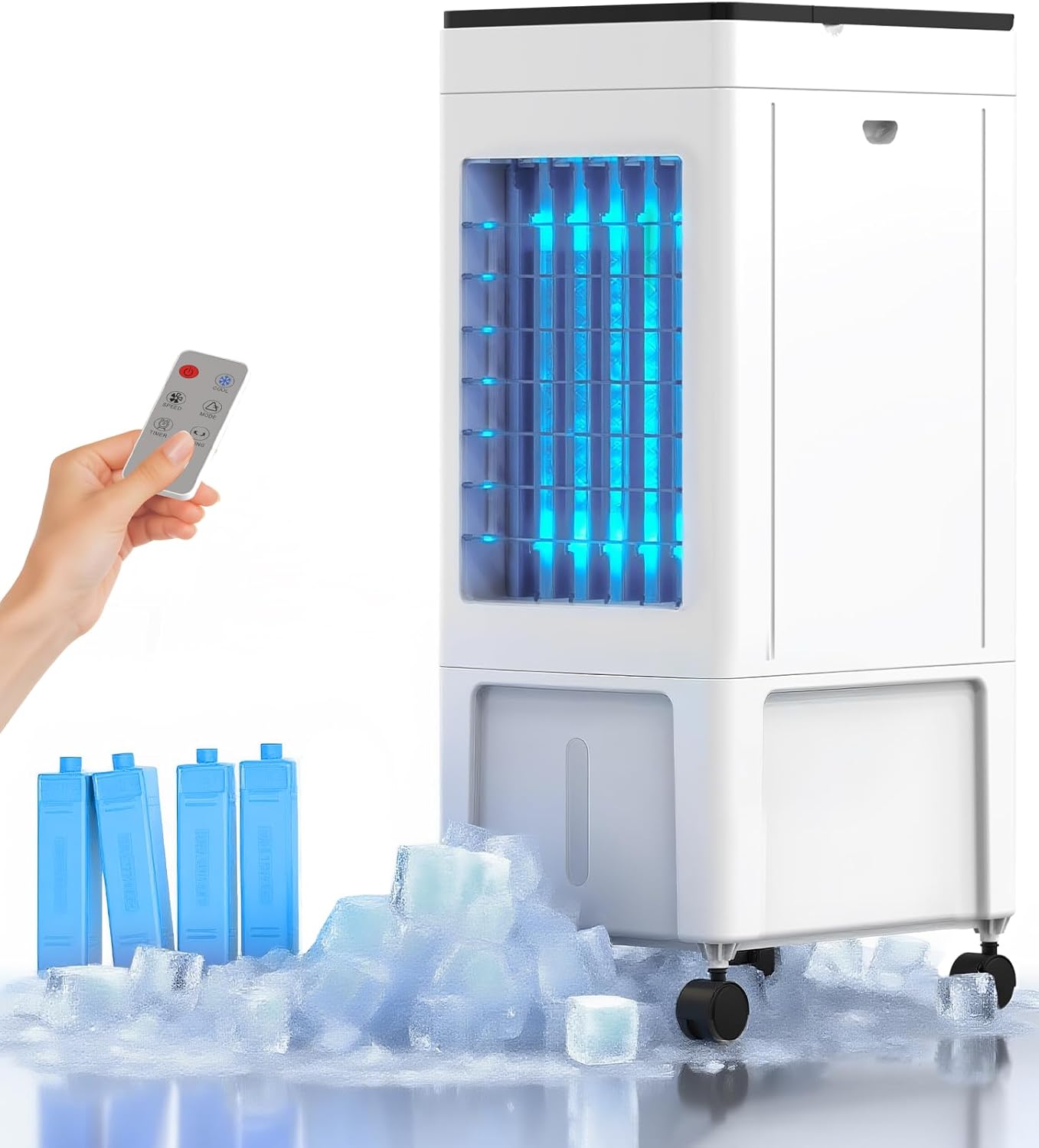 MOMOVOKA Evaporative Air Cooler, 3-IN-1 Windowless Portable Air Conditioner Portable with 2 Gal Water Tank, Timer, 3 Speed, Remote, 4 Ice Packs, Swamp Cooler Air Conditioner Portable