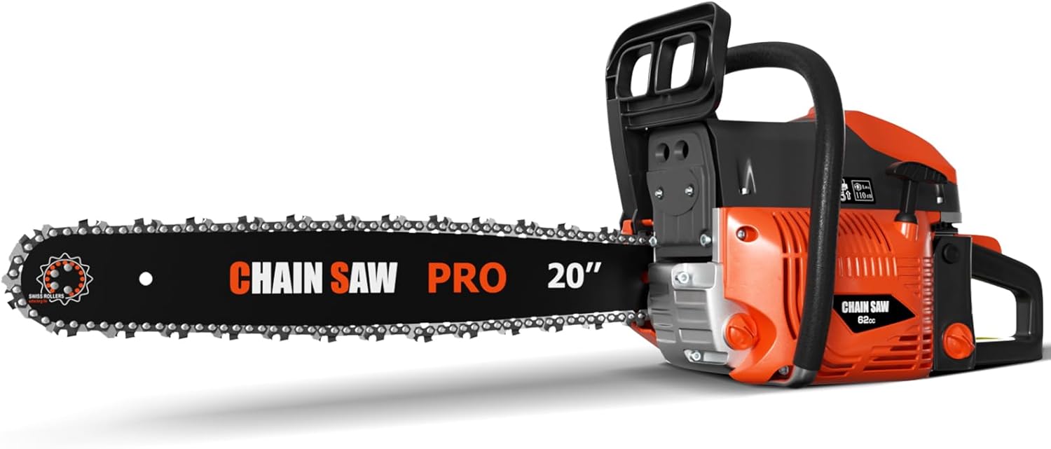 20 Inch Gas Chainsaw, 62CC Professional Chainsaw with 2-Stroke Engine, Ergonomic Non-Slip Handle & Dual Fuel Tanks for Wood Cutting, Tree Trimming, Land Clearing