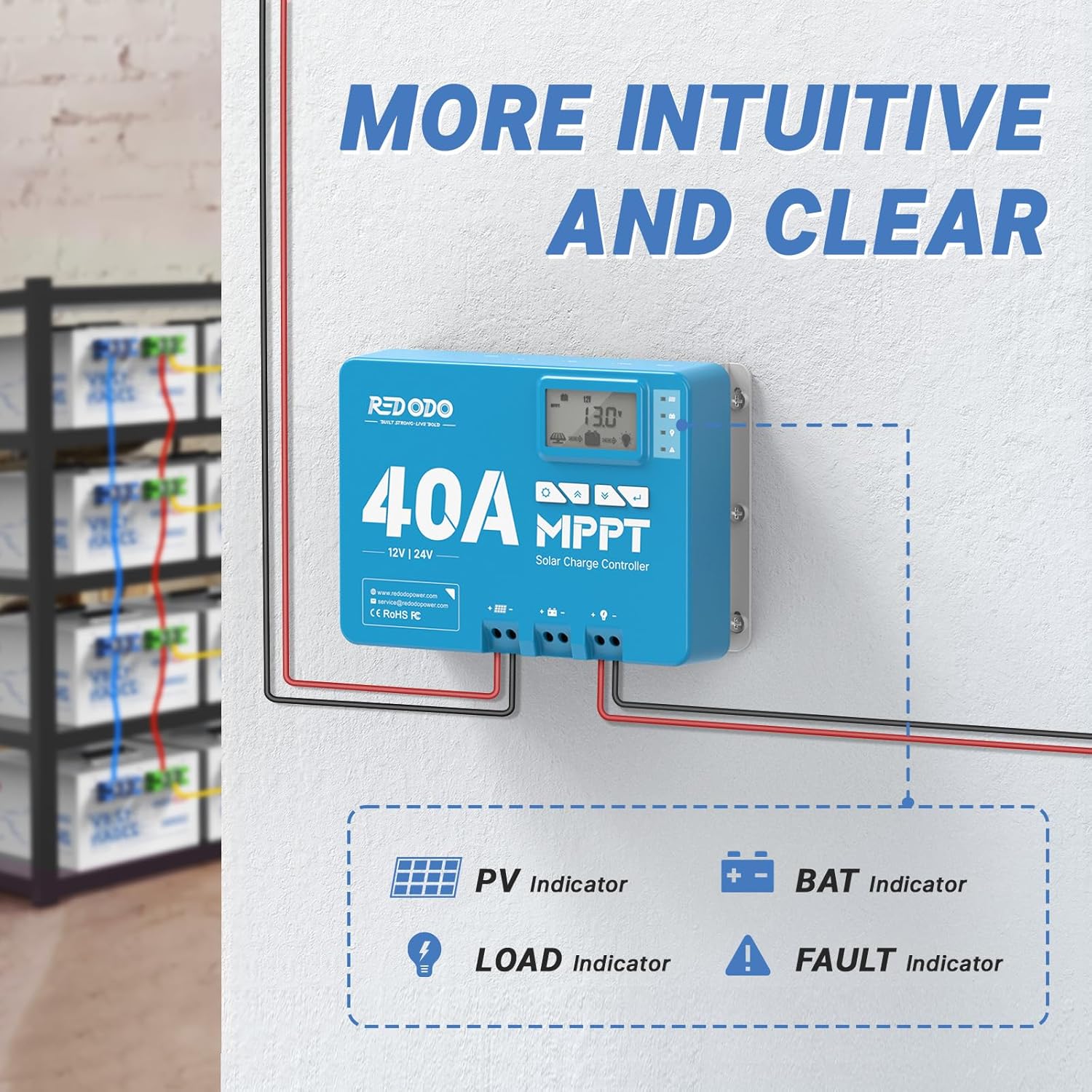 Redodo 40 Amp MPPT 12V/24V DC Input Solar Charge Controller with Built-in Bluetooth Module, Parameter Adjustable LCD Display LED Indicators