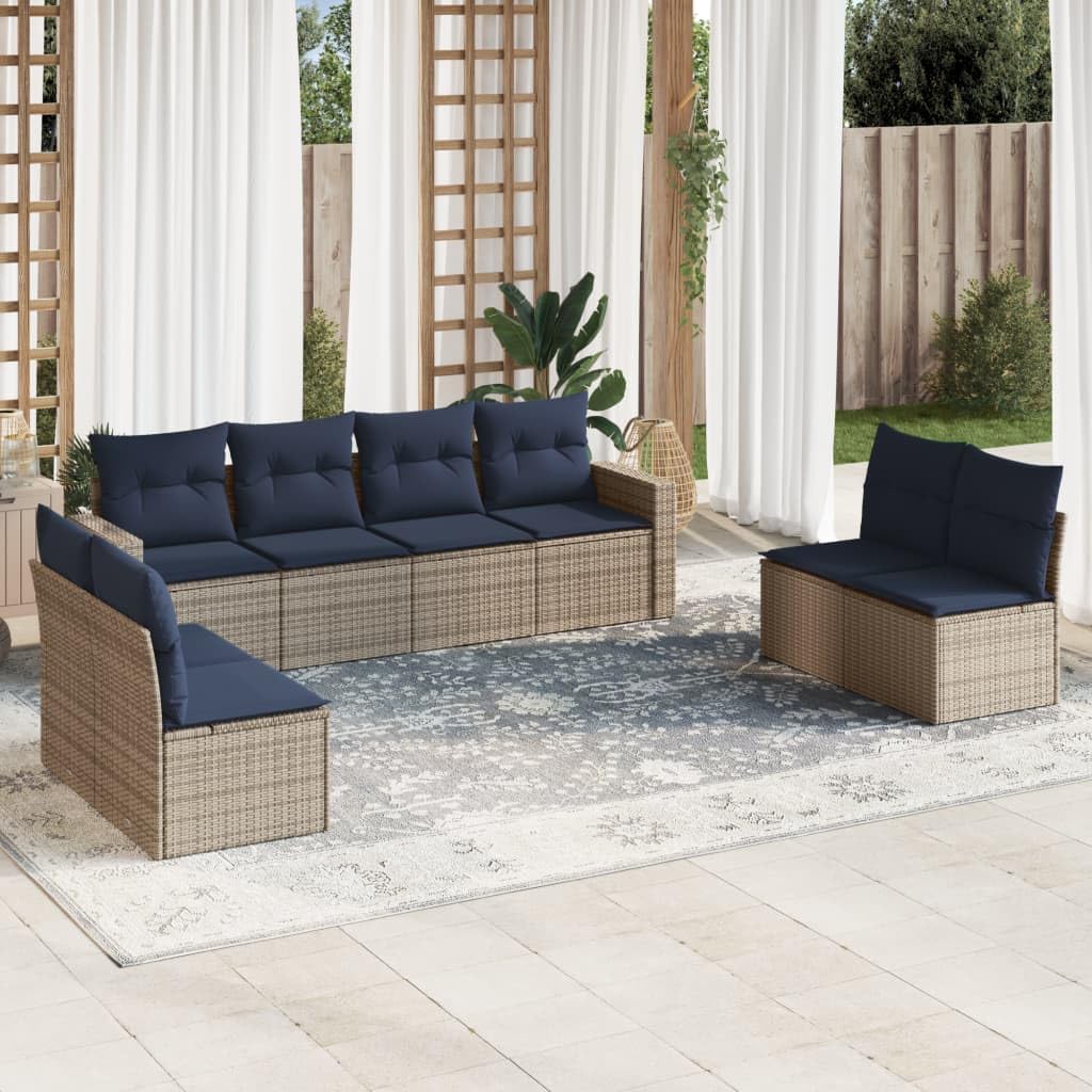 8 Piece Gray Poly Rattan Patio Sofa Set, Outdoor Sectional Furniture with Navy Cushions, UV-Proof for Garden, Balcony, Terrace