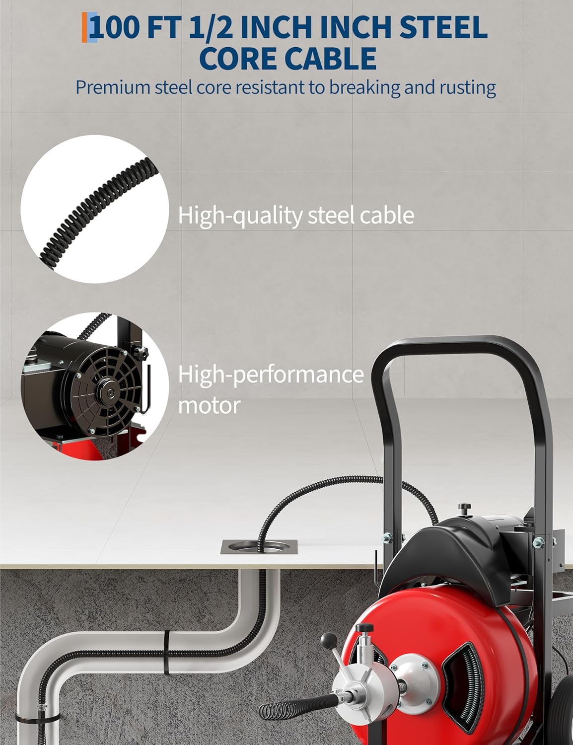 Drain Cleaner Machine 100FT x 1/2 Inch Steel Core Cable Portable 370W Electric Drain Cleaning Machine With Sewer Auger, Cutter, Air-activated Foot Switch, Wheels for Commercial, Home