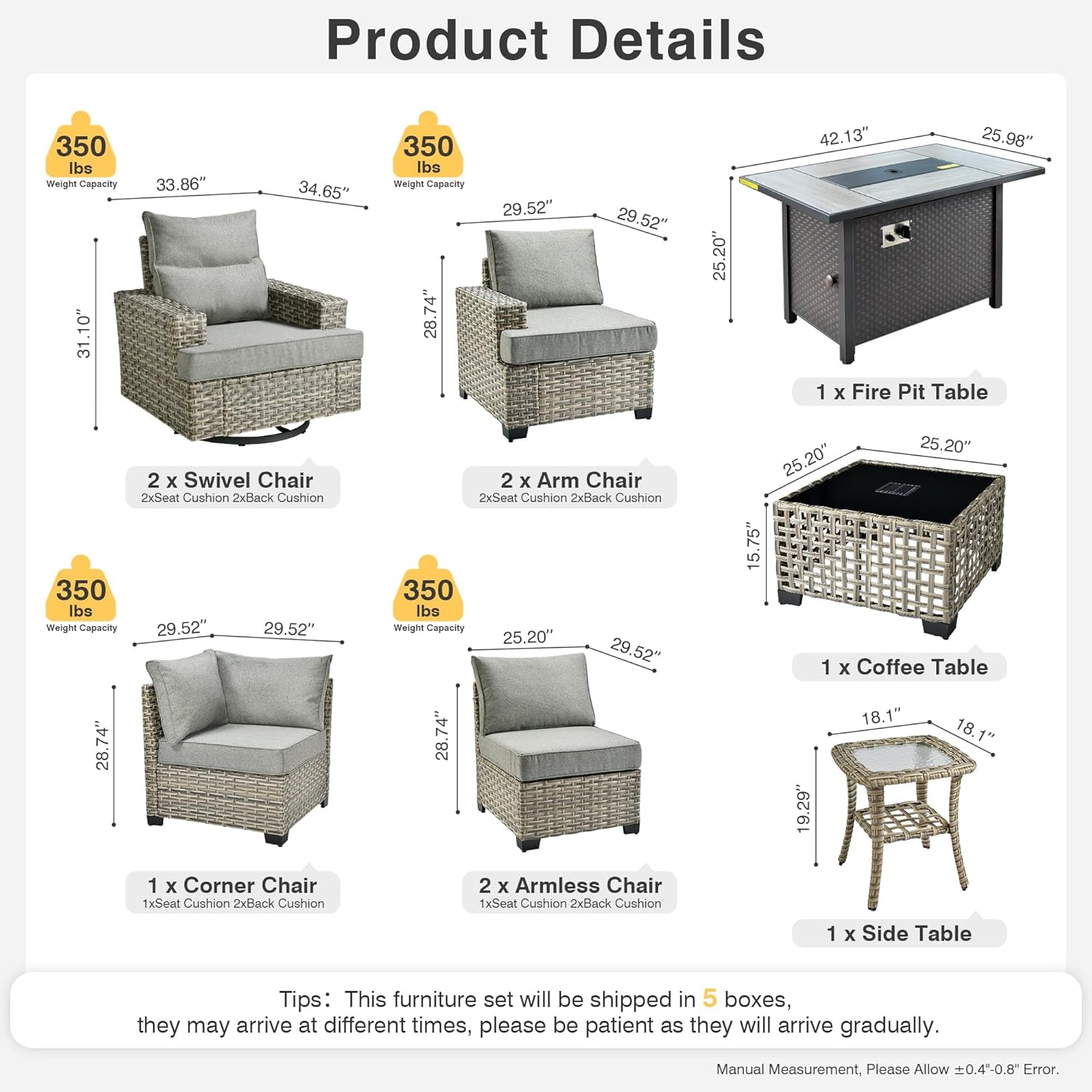 Weaxty 10 Pieces Outdoor Patio Furniture Set with Swivel Rocking Chair, Outdoor Sectional Sofa Couch Wicker Modular Patio Conversation Set w/42 Fire Pit and Coffee Side Table,Dark Gray