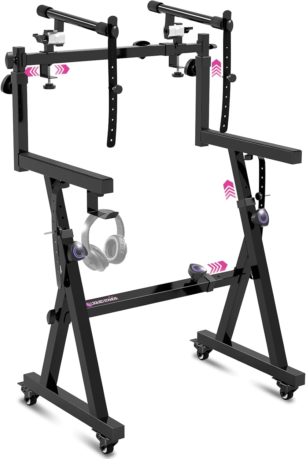 Liquid Stands Dual Piano Keyboard Stand w/ Wheels and 2nd Tier - Rolling Z Style Adjustable, Portable 2 Tier Heavy Duty Music Stand for Synths and Electric Digital Keyboards - Fits 54 61 88 Key Pianos