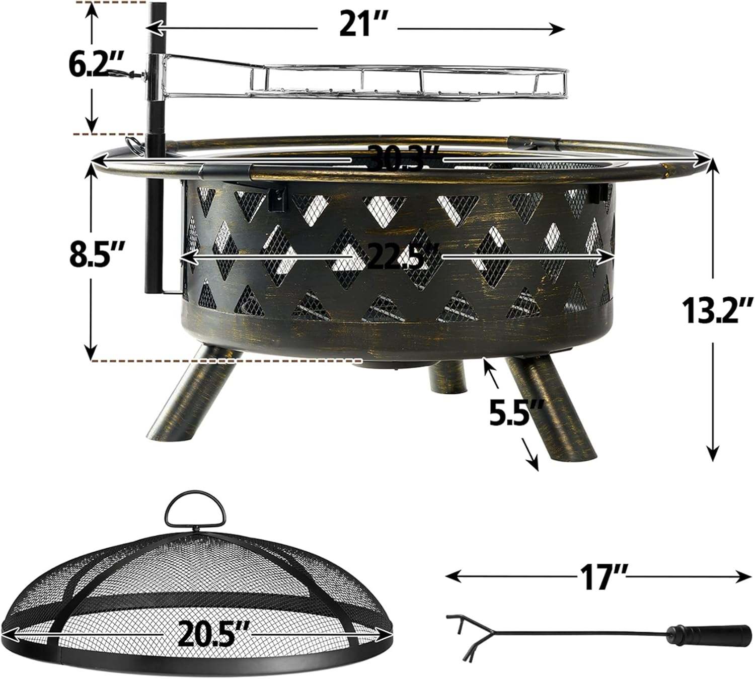 2in1 Fire Pit with Cooking Grate, Outdoor Fire Pits Wood Burning Firepit Steel BBQ Grill Fire Bowl with Spark Screen, Round Fireplace Cover for Outside Backyard Garden Bonfire Patio