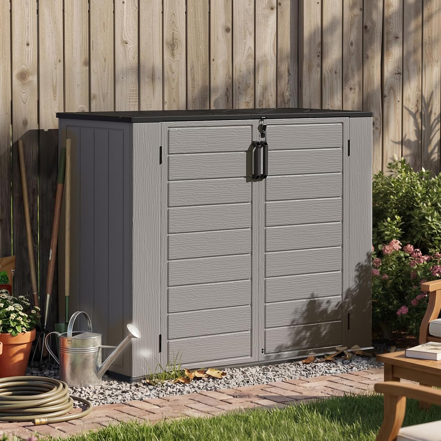 Aoxun Outdoor Storage Cabinet, 41 Cu Ft Waterproof Portable Horizontal Resin Shed Outdoor Storage for Garbage Bin, Generators & Yard Gear (Grey)