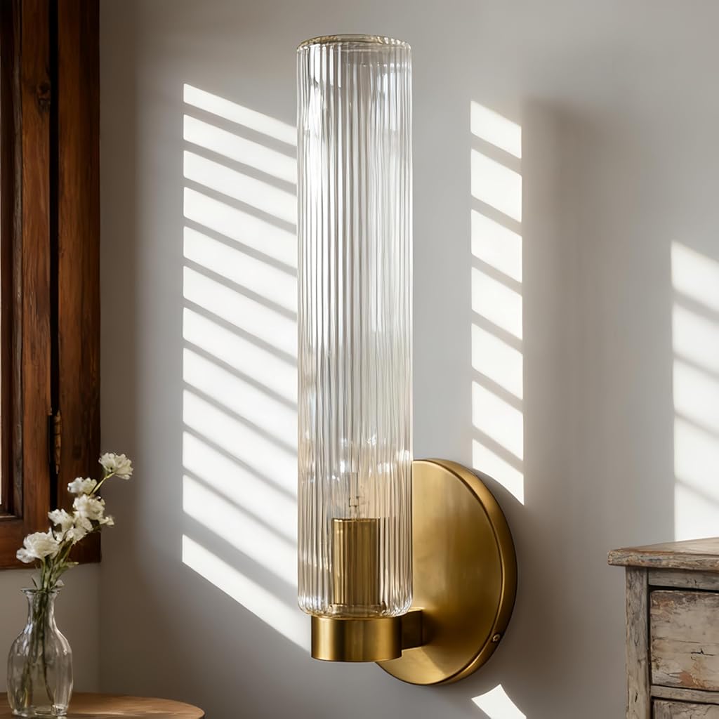 Fluted Textural Glass Wall Sconce, Modern Indoor Vanity Light, Glass Tube Wall Light Fixture with Metallic Finish, Wall Light fixtures for Bathroom, Mirror, Living Room, Bedroom (Brass)