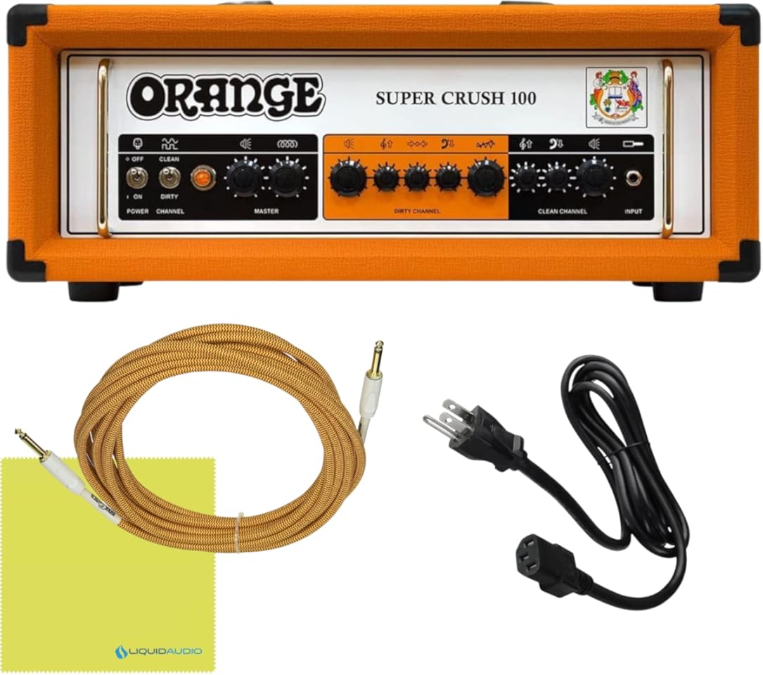 Orange SUPER-CRUSH-100-H Super Crush 100W Guitar Amplifier Head Bundle w/Pig Hog 10' Orange Creme 2.0 Guitar Bass Cable, Power Cable & Liquid Audio Polishing Cloth