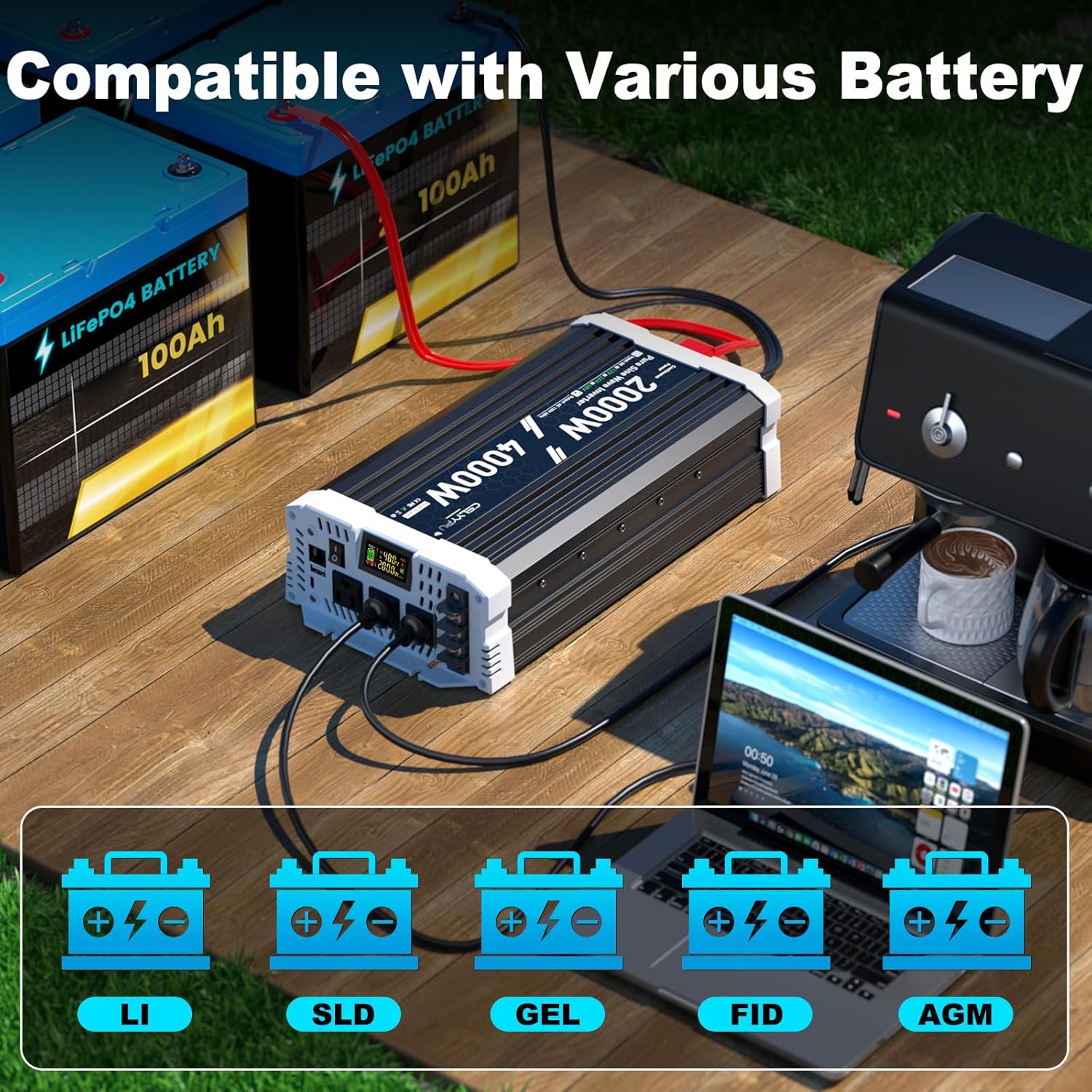 2000 watt Pure sine Wave Inverter, 48V DC to 110V AC Power Inverter, Used for Solar Emergency Power Supply in RV Homes, with 3 AC Output sockets, USB Port, Type-C Port, Remote Control with LCD Screen