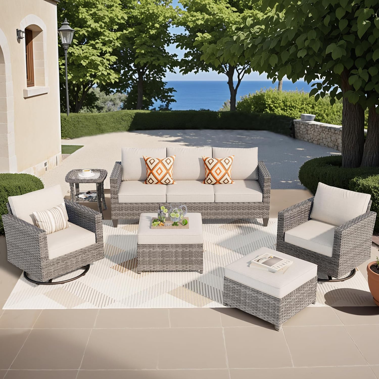 ovios Patio Furniture Set, 6 Pieces Outdoor Wicker Sofa Couch with Swivel Rocking Chairs Ottomans Comfy Cushions Rattan Conversation Set for Backyard Deck, Beige