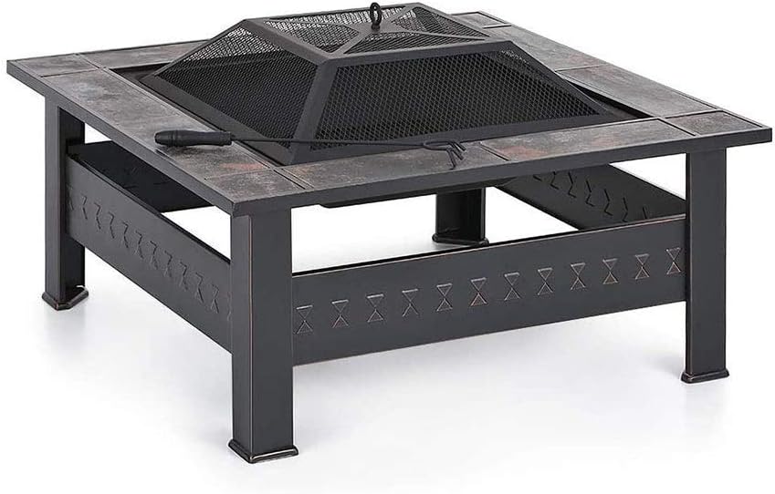 Outdoor Fire Pits Fire Pit with Grill Shelf,Outdoor Metal Brazier Square Table Firepit Garden Patio Heater with Waterproof Cover