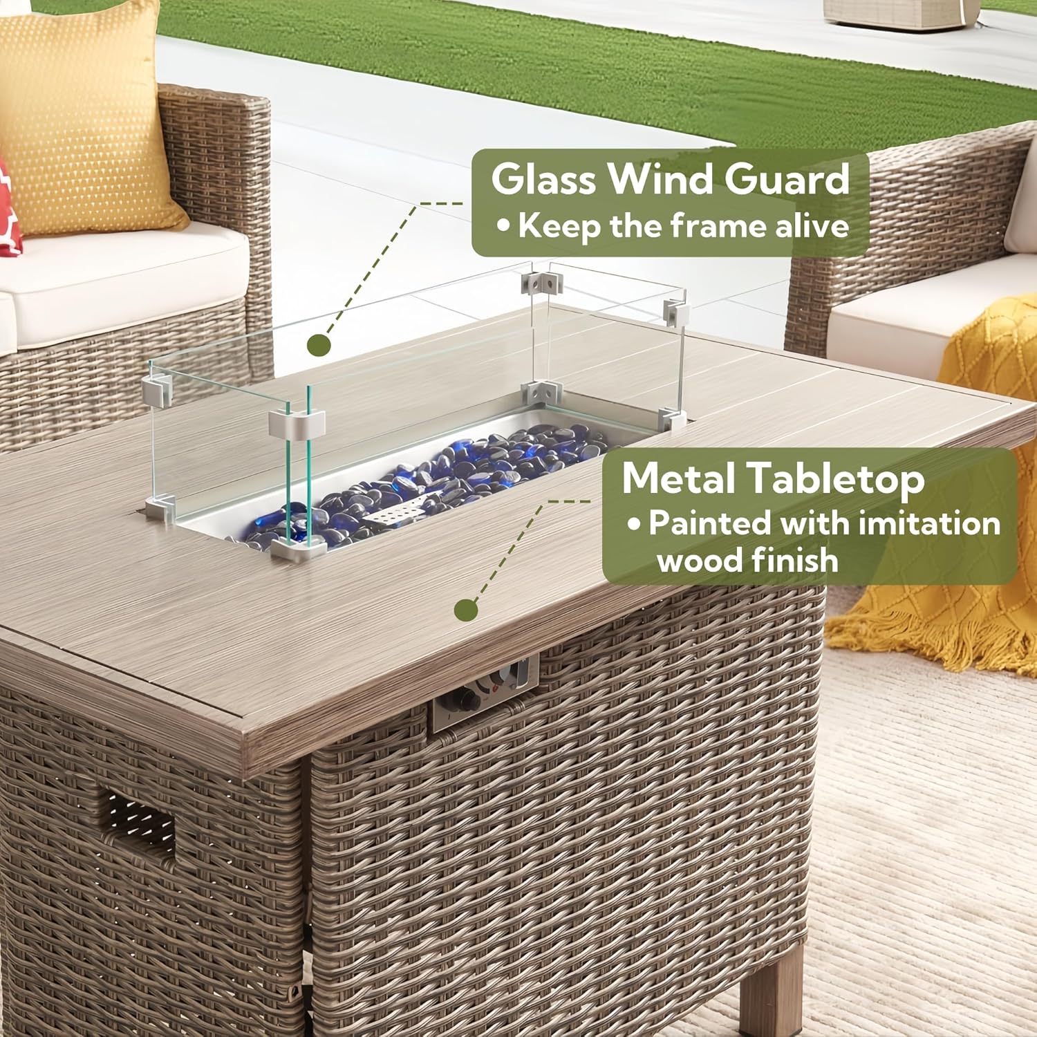 Fire Tables, Outdoor Fireplaces, 50,000 BTU Steel Gas Fire Pit Table with Lid, Glass Wind Guard and Blue Rock, Rectangle Rattan Coffee Table for Patio Deck Garden, CSA Certified