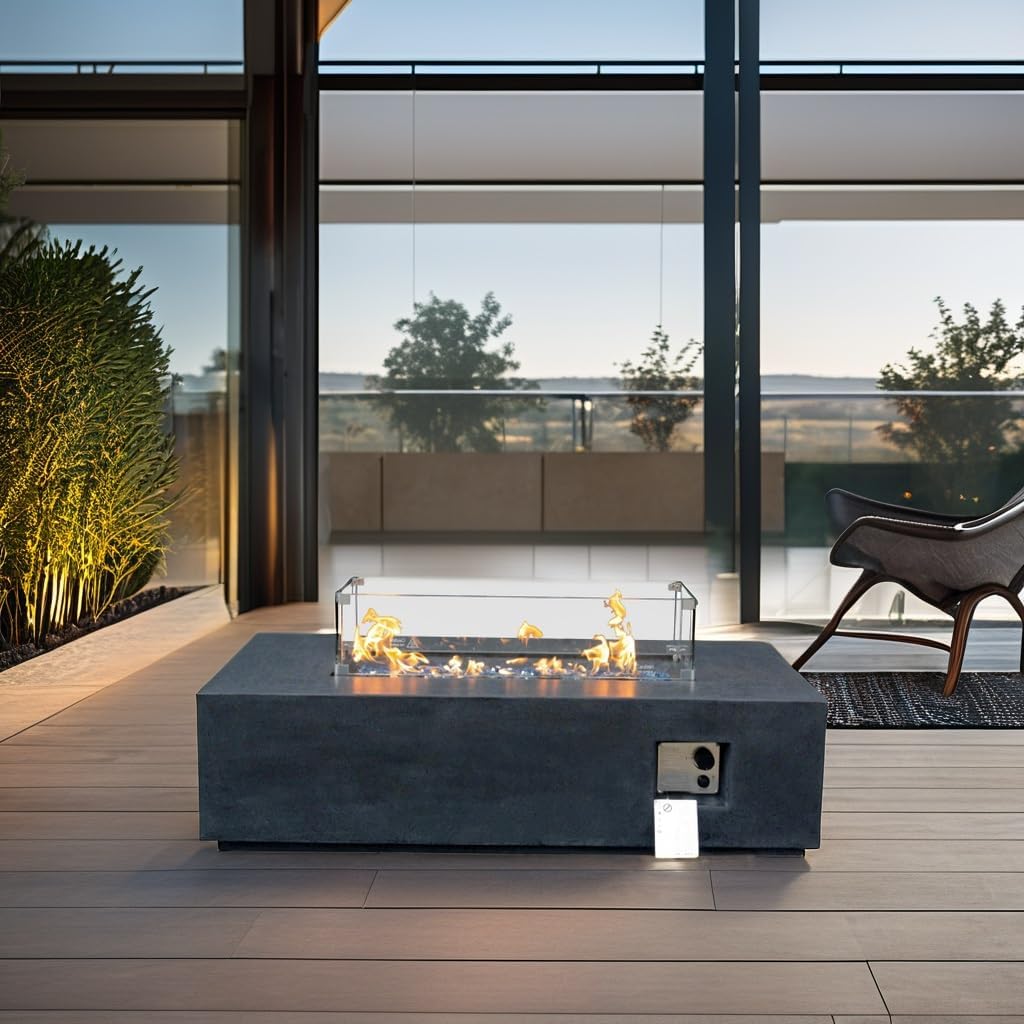 52 Inch Propane Gas Fire Pit Table 65000 BTU Outdoor Concrete Rectangular Fire Pit Fast Ignition Adjustable for Deck and Patio