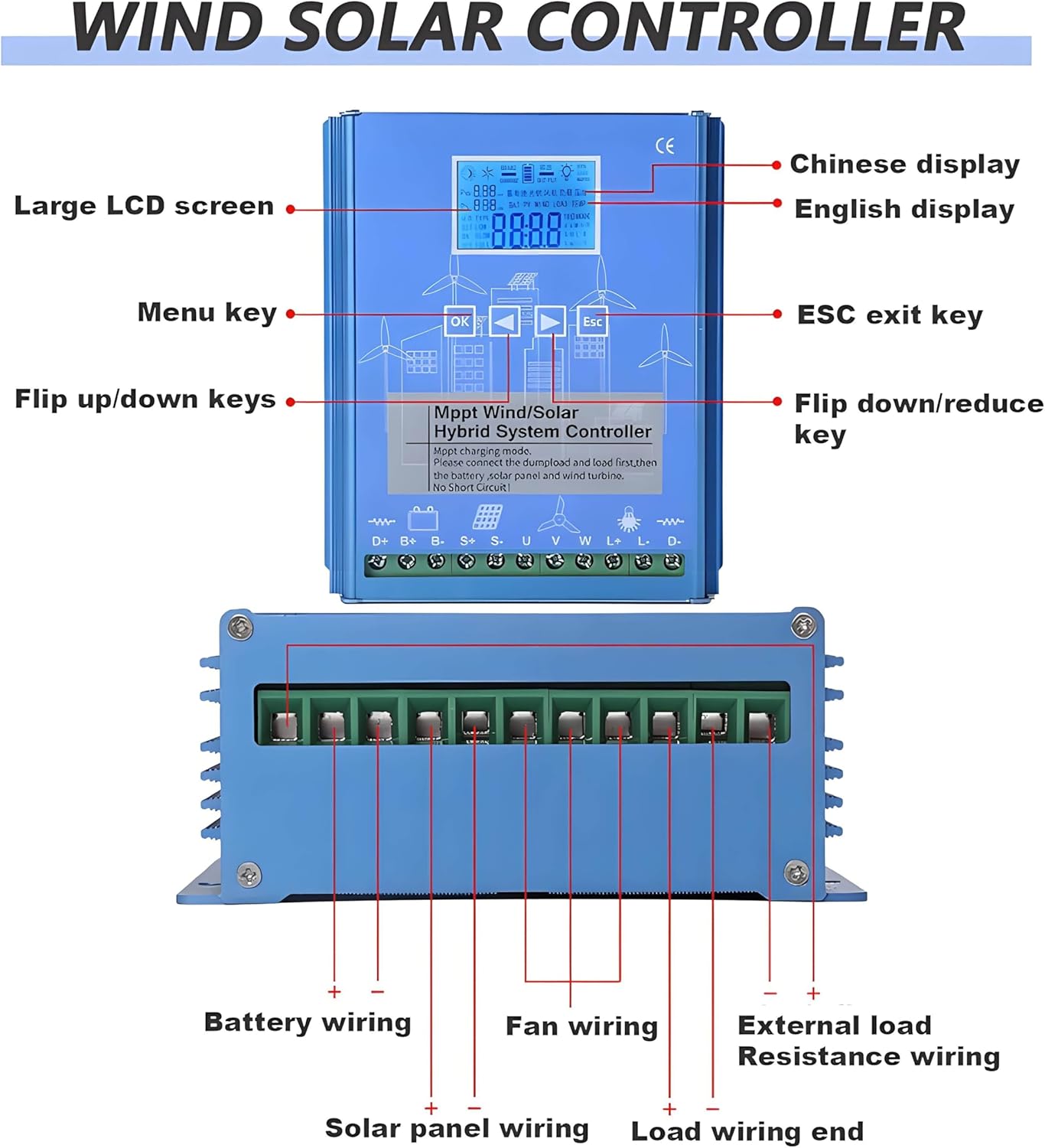 24v/48v Wind-Solar Hybrid Charge Controller with Boost LCD Screen and Mppt Charging Mode, Suitable for Off-Grid Power Generation and Wind-Solar Hybrid Lighting12000W