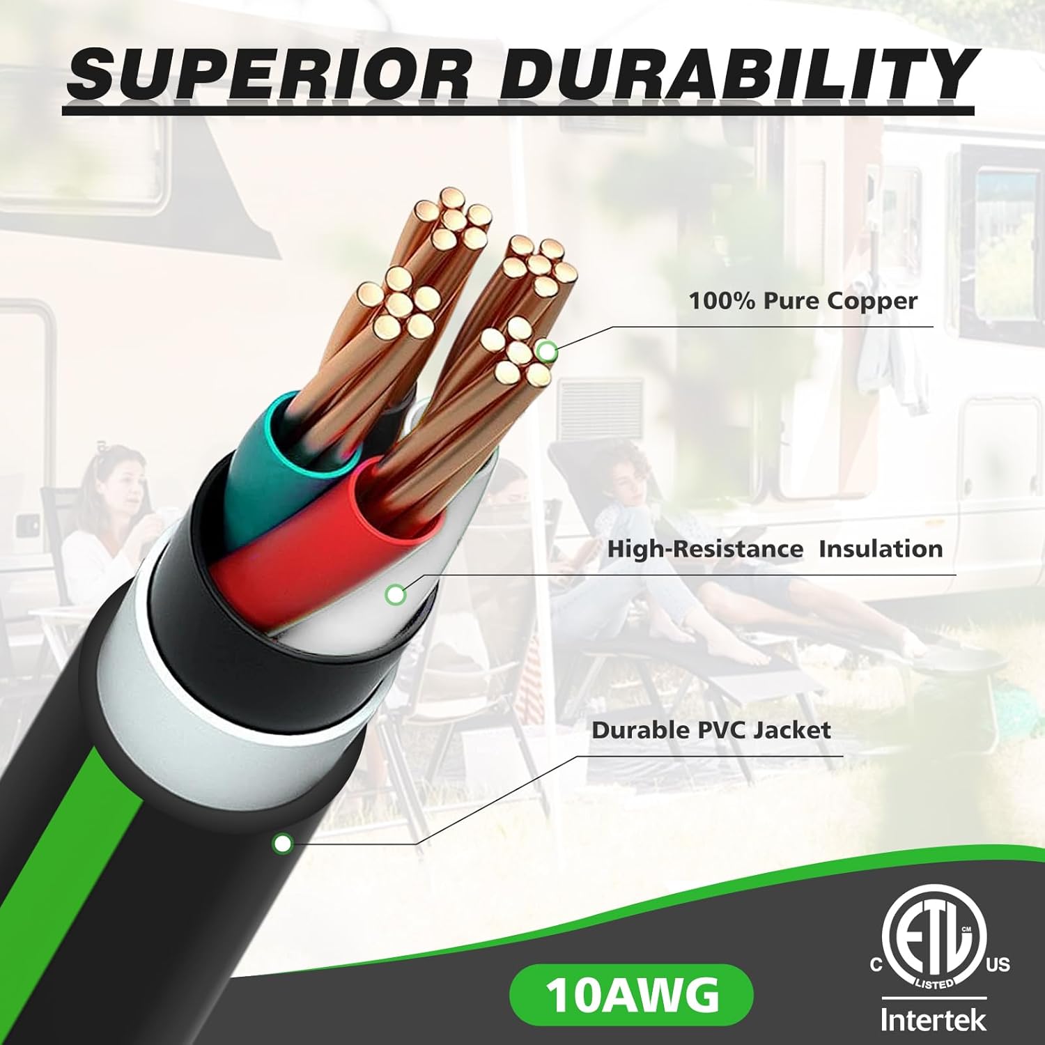 4 Prong 30 Amp Extension Generator Cord 50FT, NEMA L14-30P/L14-30R Standard Plug, 125/250 Volt Up to 7500 Watts, Twist Lock Power Cord for Manual Transfer Switch (Black&Green)