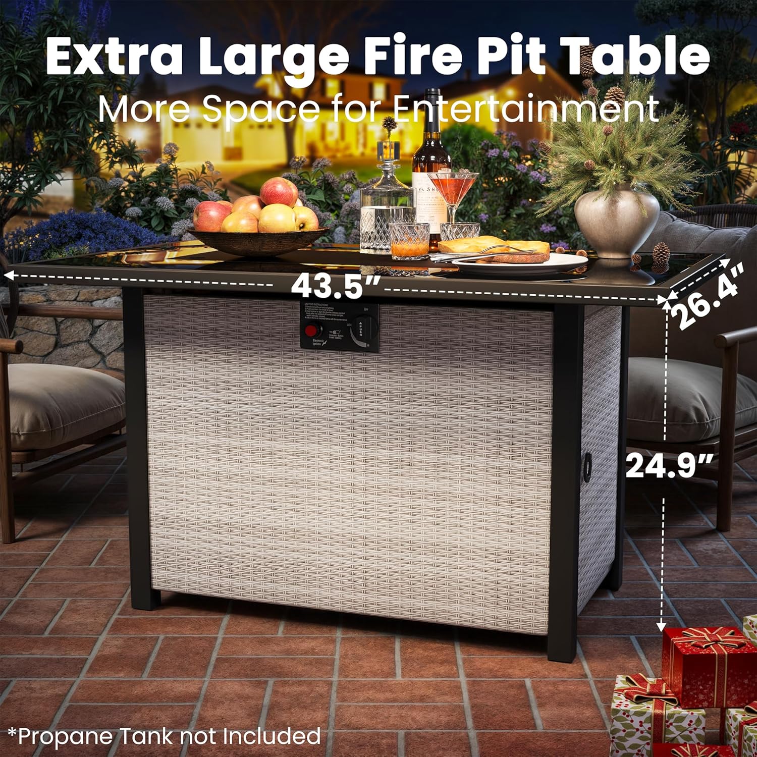 43-Inch Propane Fire Pit Table, Rattan Rectangular Outdoor Gas Fire Pit with Glass Wind Guard, Tempered Glass Tabletop & Lid, CSA Listed, 60,000 BTU, 304 Stainless Steel H-Burner, for Outside Patio