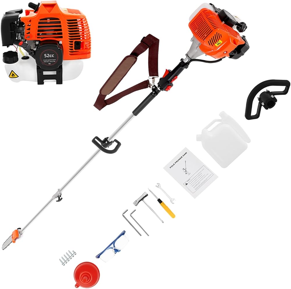 52cc Gas Pole Saw, 2-Stroke Gas Pole Saws for Tree Trimming, Pole Saw Grass String Trimmer Chainsaw Cordless Tree Pruning Saw Weed Eater Multi Functional Garden Trimming Tools