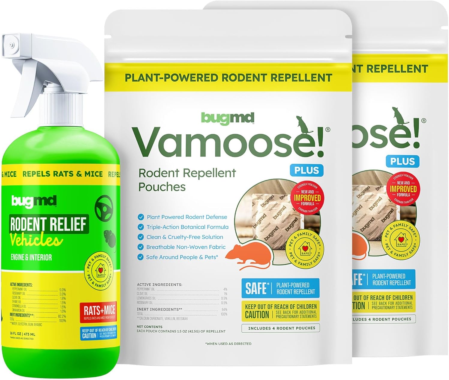 BugMD Vamoose Plus Peppermint Pouches & Car Engine Rodent Spray Bundle | Plant-Powered Mouse & Rat Repellent for Home, Garage, Car, RV & Storage | Includes 8 Scent Pouches + Peppermint Engine Spray
