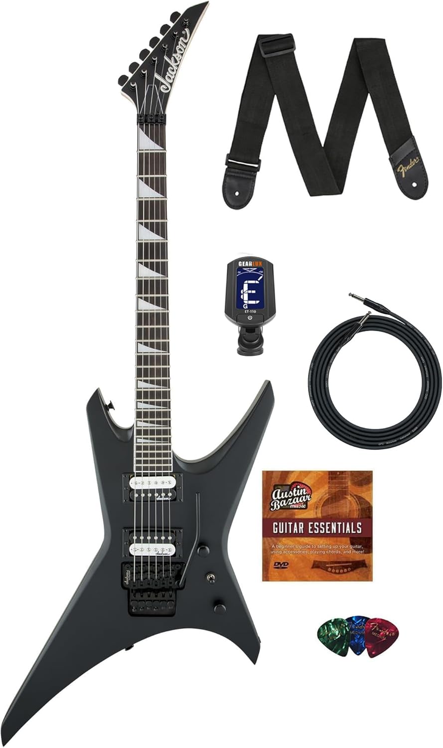 Jackson Warrior JS32 Electric Guitar - Satin Black Bundle with Cable, Tuner, Strap, Picks, and Austin Bazaar Guitar DVD