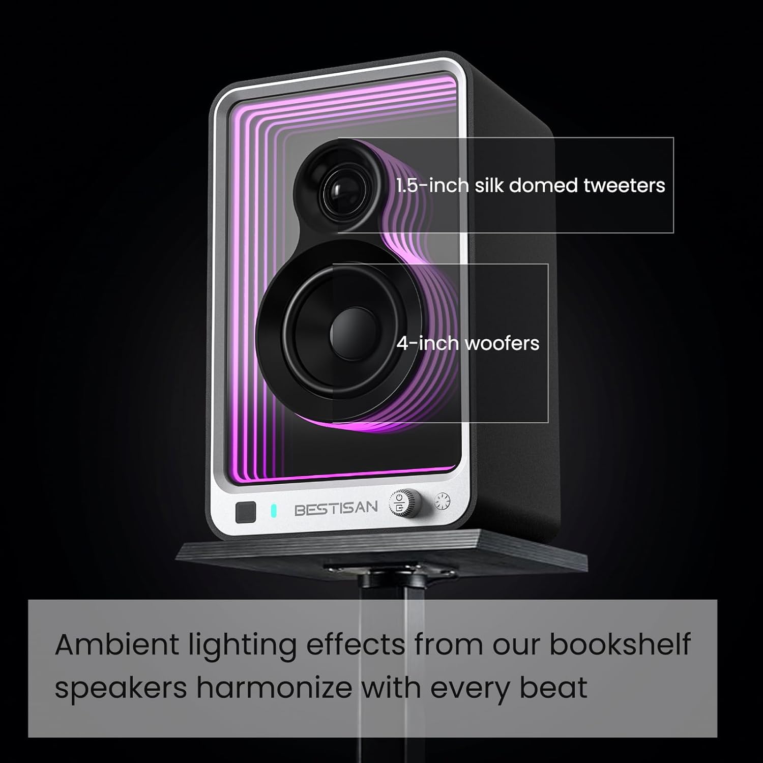 BESTISAN SR15 Bluetooth Bookshelf Speakers, Active Stereo Speakers for TV/Record Player with Subwoofer Out and Light Effects, Turntable Speakers with Optical/ARC/RCA Inputs for PC and TVs