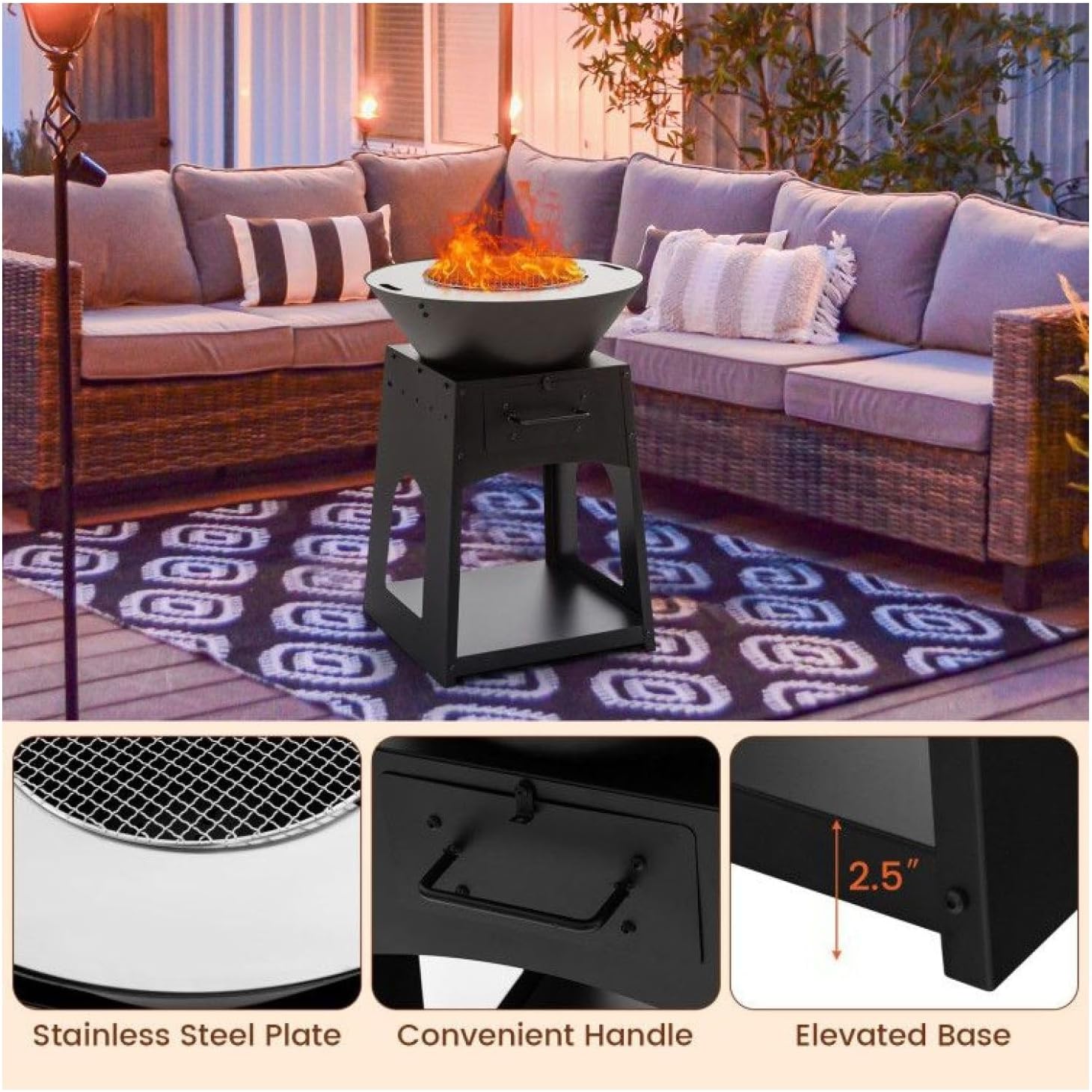 Outdoor Fire Pit with Grill and Log Rack, 24