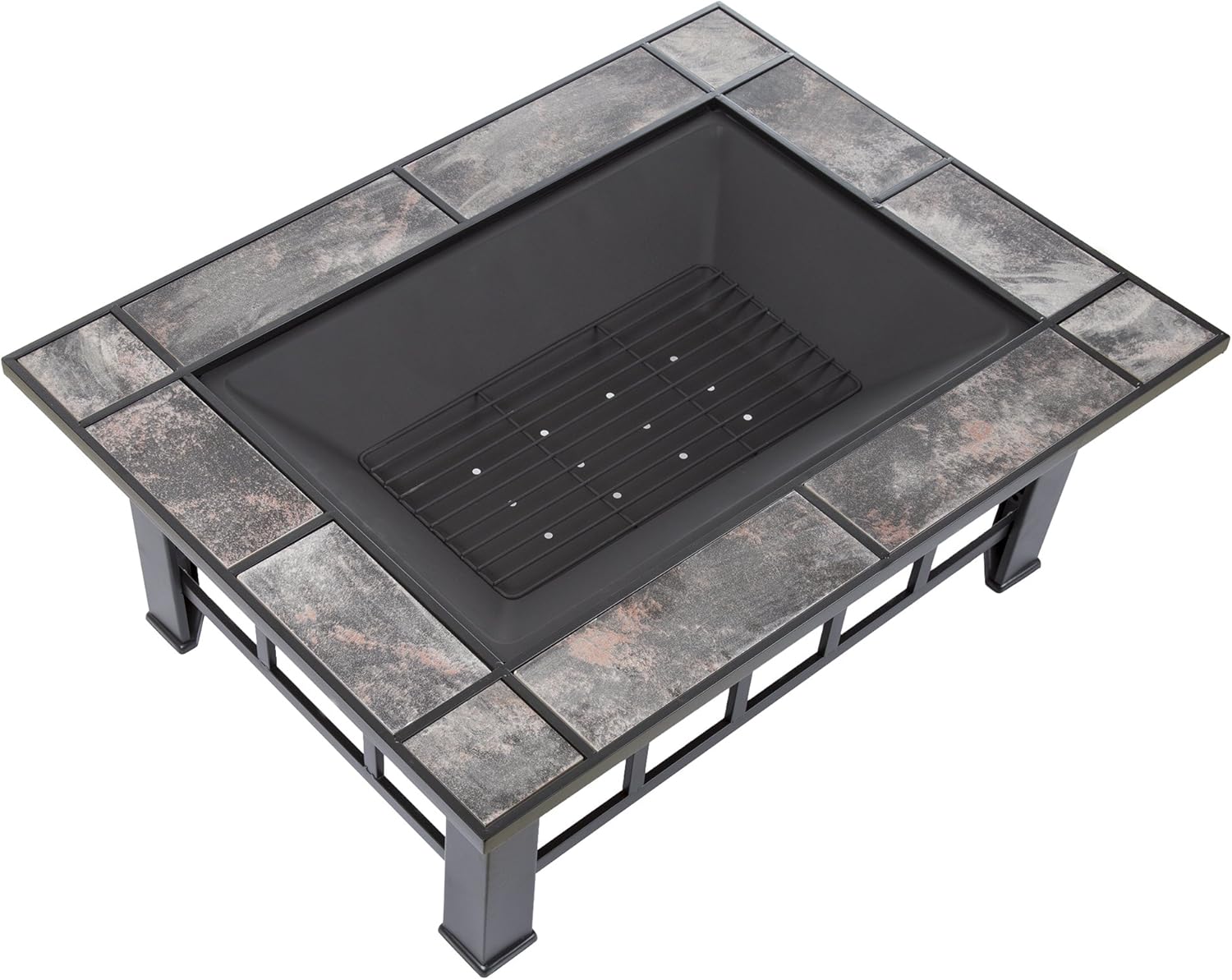 Fire Pit Set, Wood Burning Pit -Includes Screen, Cover and Log Poker- Great for Outdoor and Patio, 37” Marble Tile Rectangular Firepit by Pure Garden